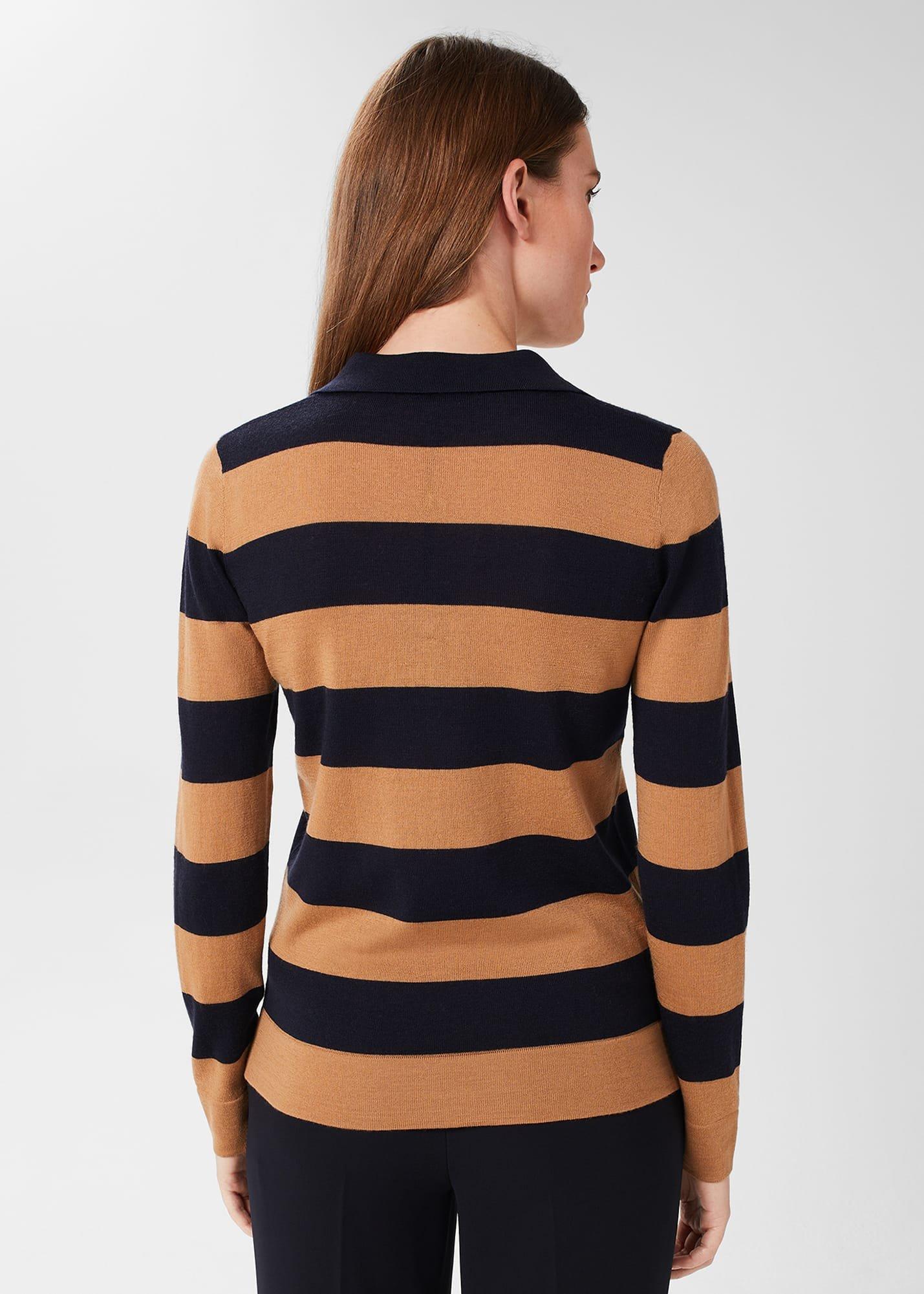 Alexis Merino Wool Stripe Polo Sweater, Navy Camel, hi-res