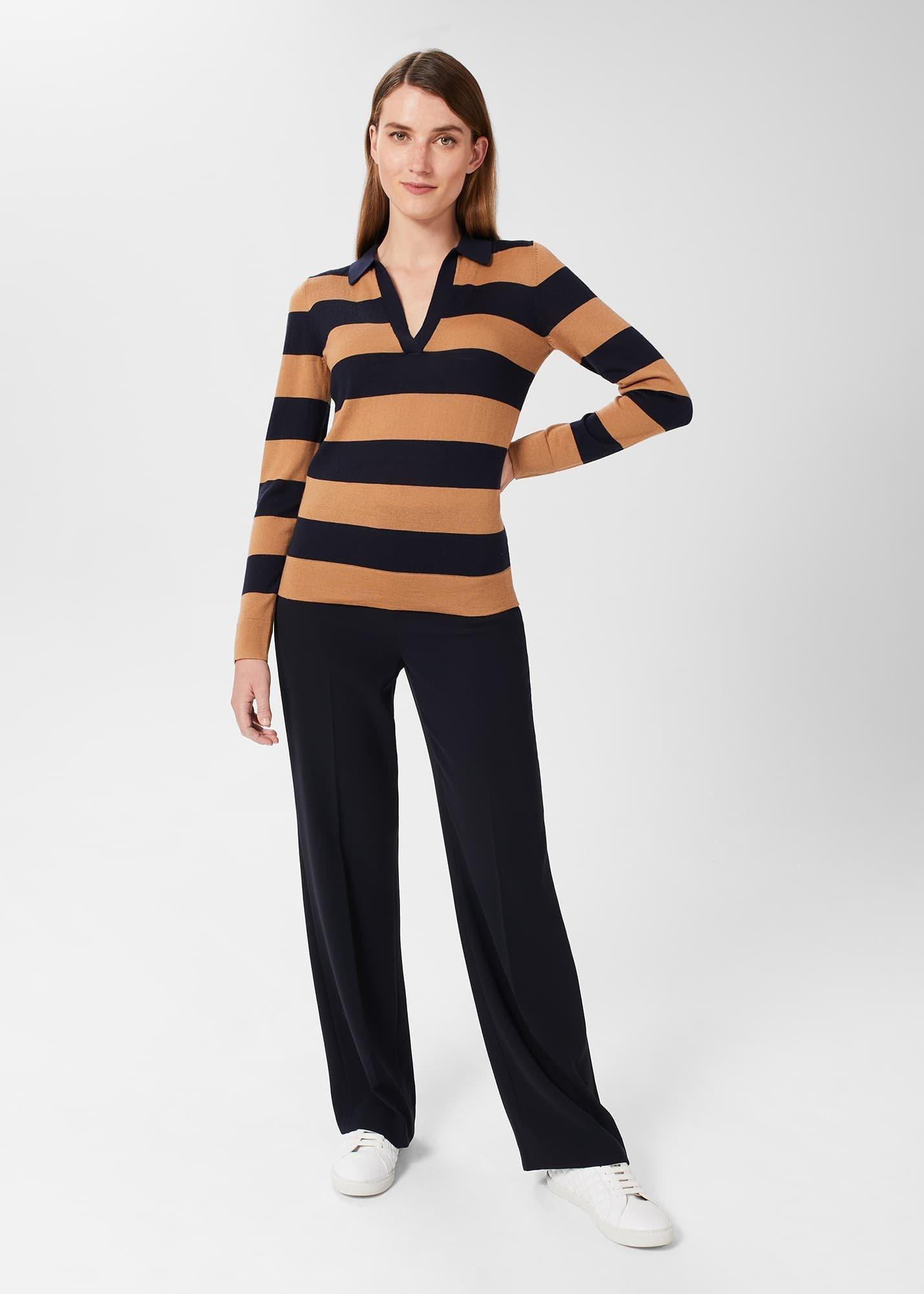 Alexis Merino Wool Stripe Polo Sweater, Navy Camel, hi-res