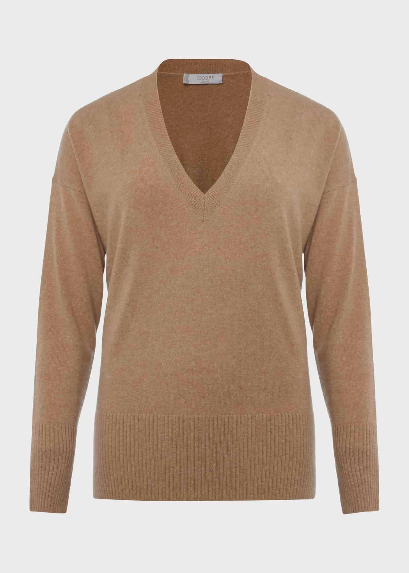 Dahlia V Neck Cashmere Jumper, Camel, hi-res