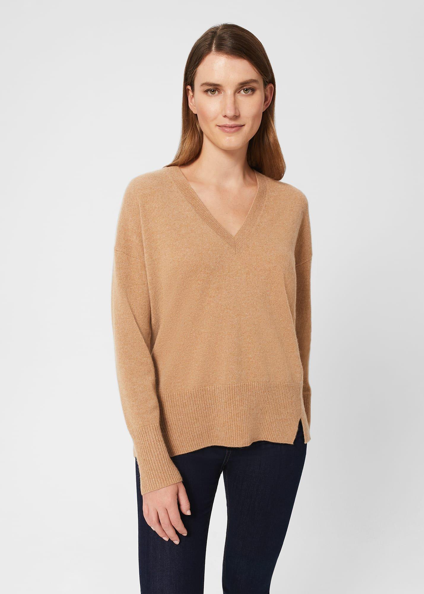 Dahlia V Neck Cashmere Jumper, Camel, hi-res
