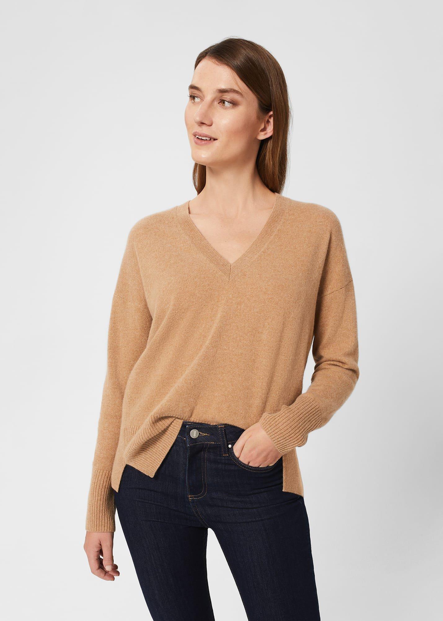 Dahlia V Neck Cashmere Jumper, Camel, hi-res