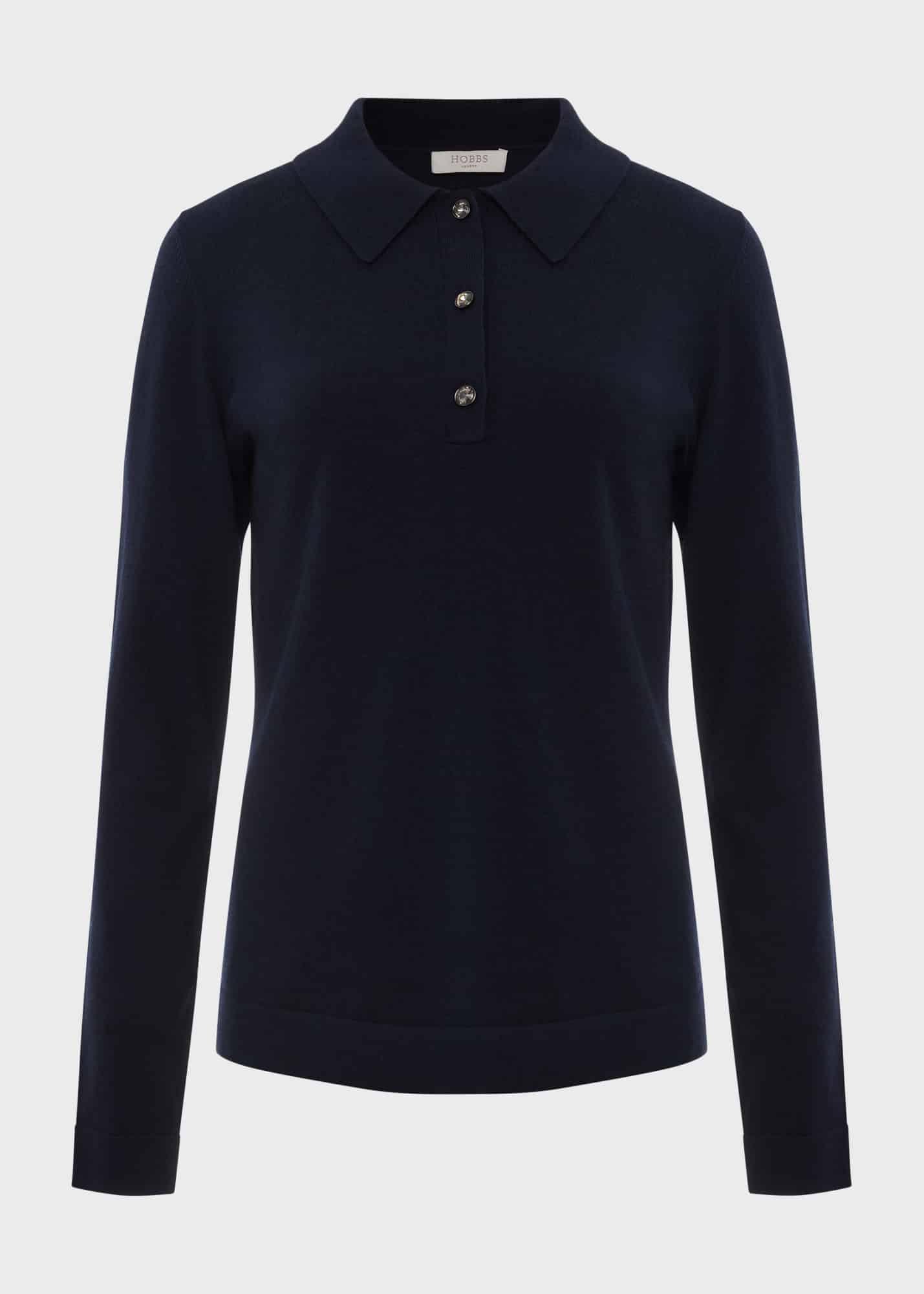 Nelle Jewelled Button Polo Jumper, Navy, hi-res