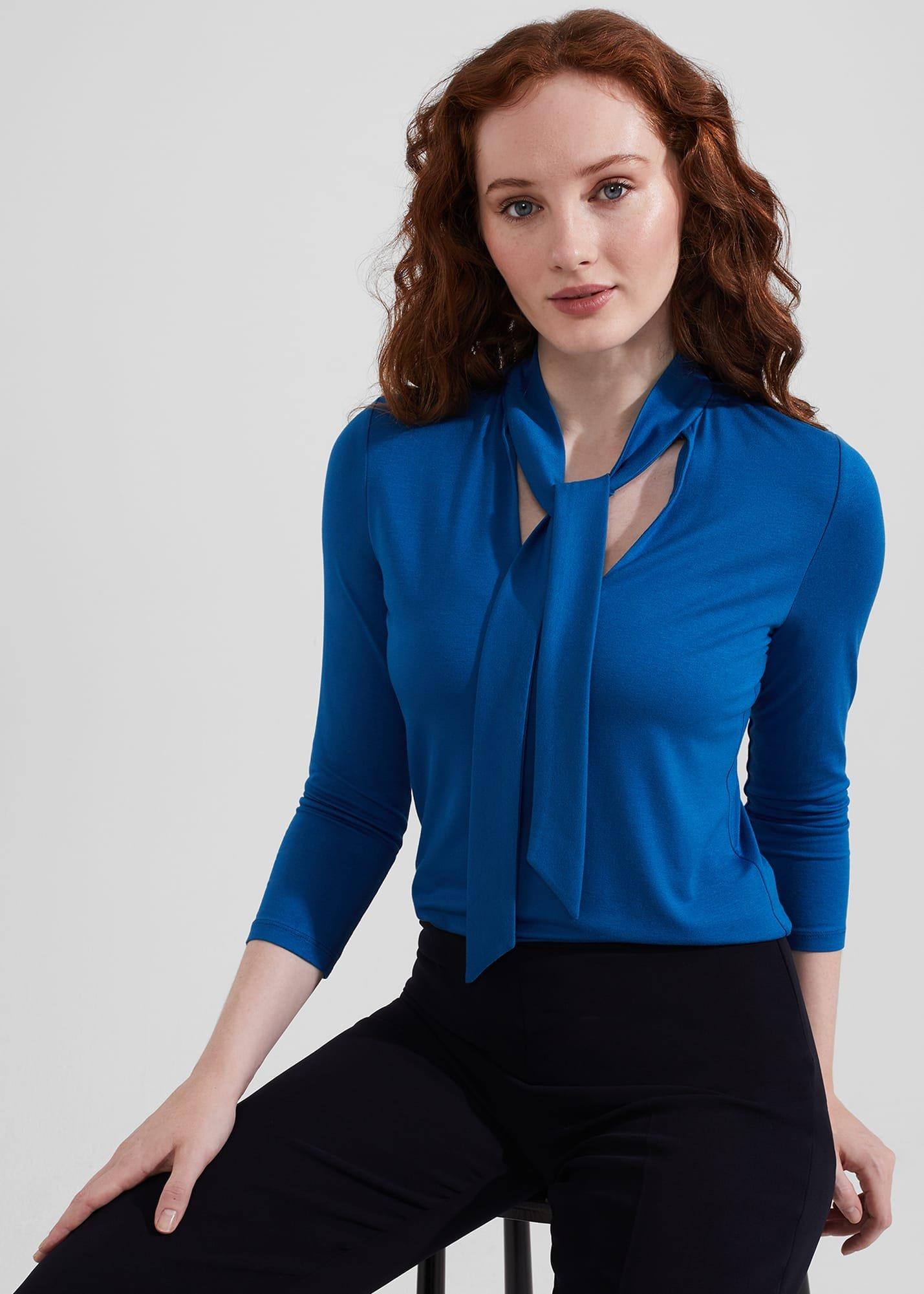 Alba Tie Neck Top, Electric Blue, hi-res