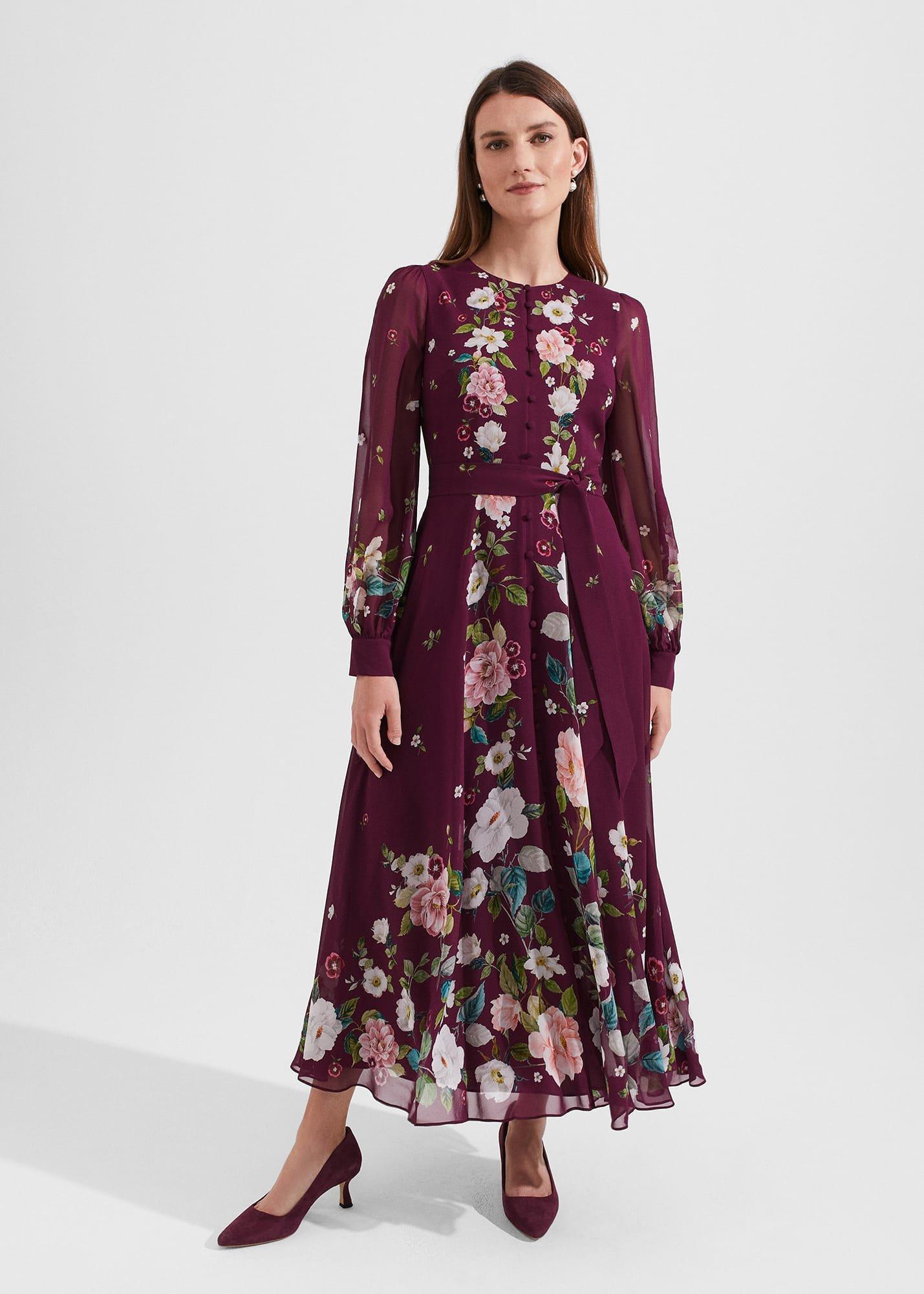 Maribella Silk Floral Dress, Burgundy Multi, hi-res