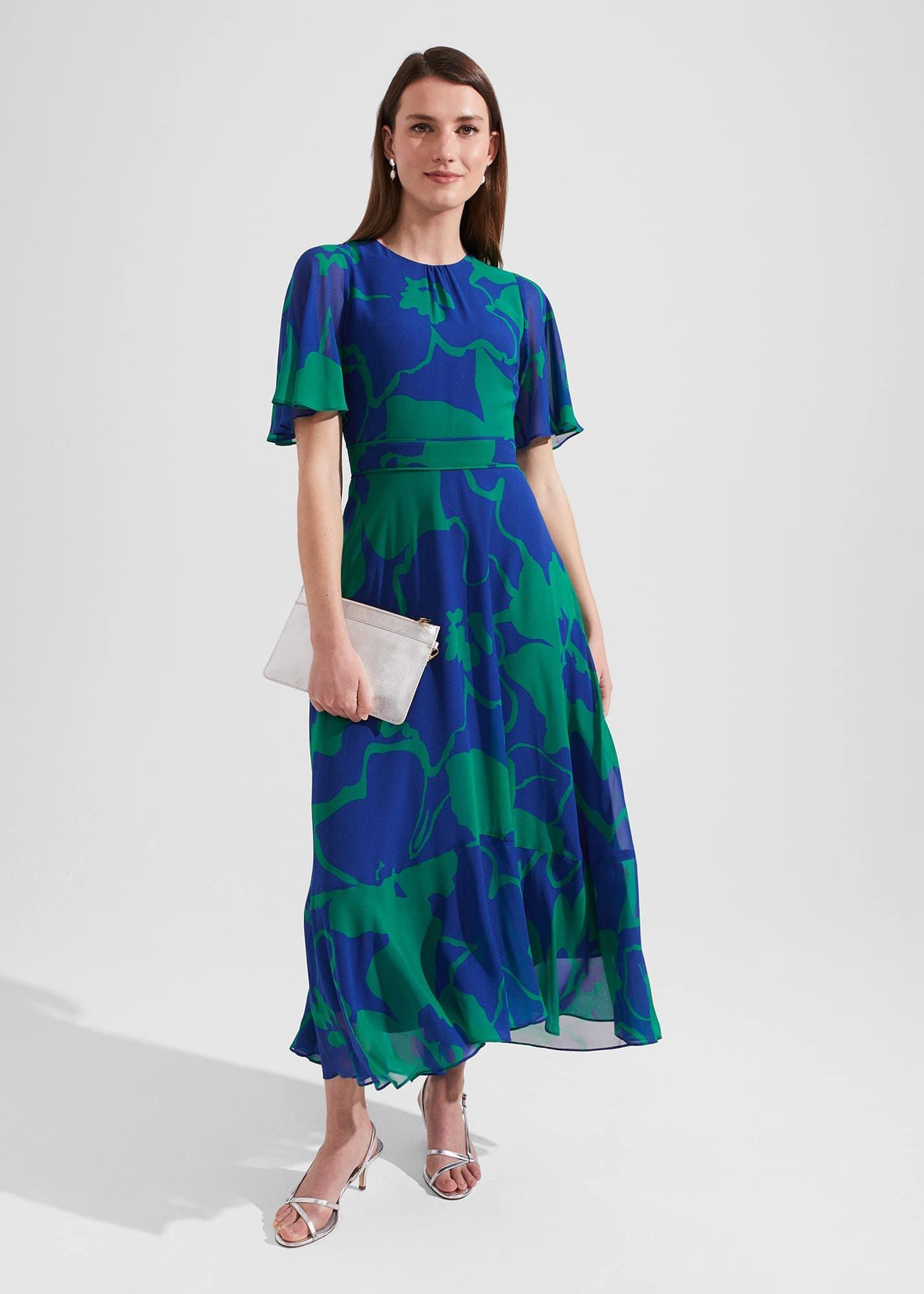 Freya Silk Fit And Flare Dress, Blue Green, hi-res