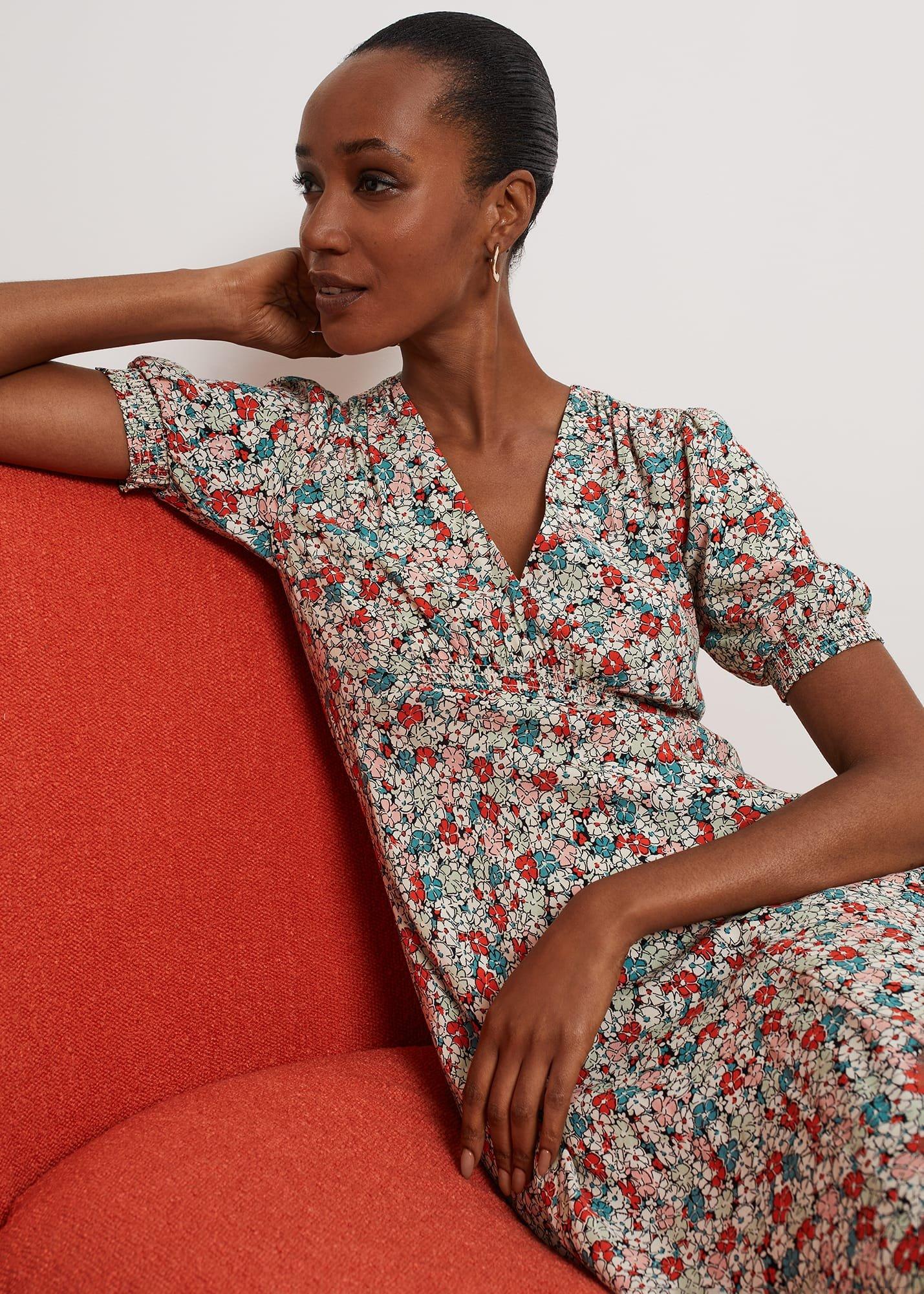 Dormer Floral Fit And Flare Dress, Green Red Multi, hi-res