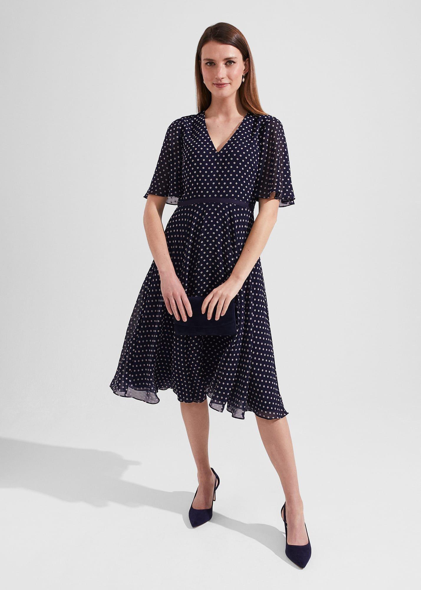 Celia Spot Fit And Flare Dress, Navy Pale Pink, hi-res