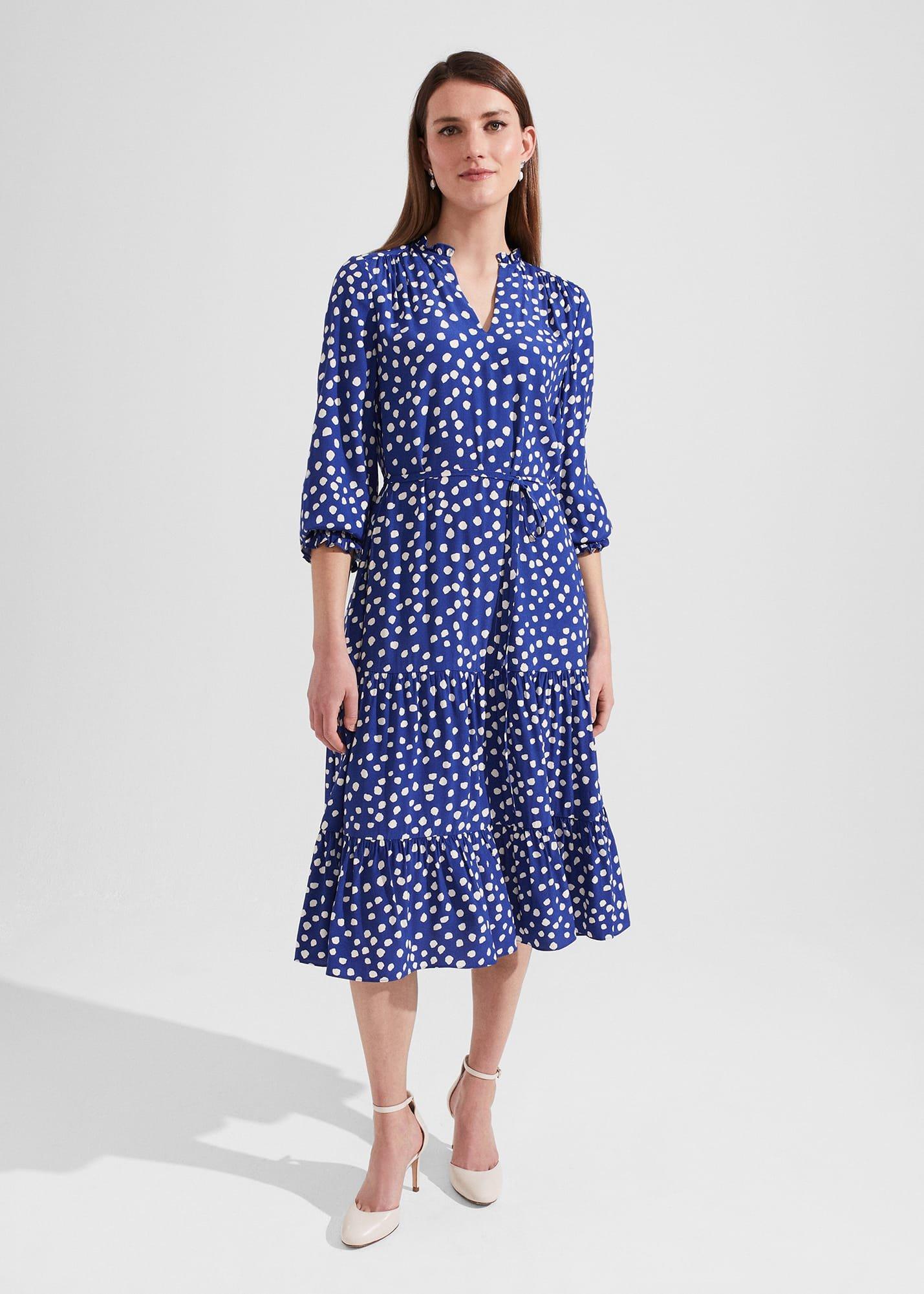 Adela Spot A-Line Dress, Deep Blue Cream, hi-res