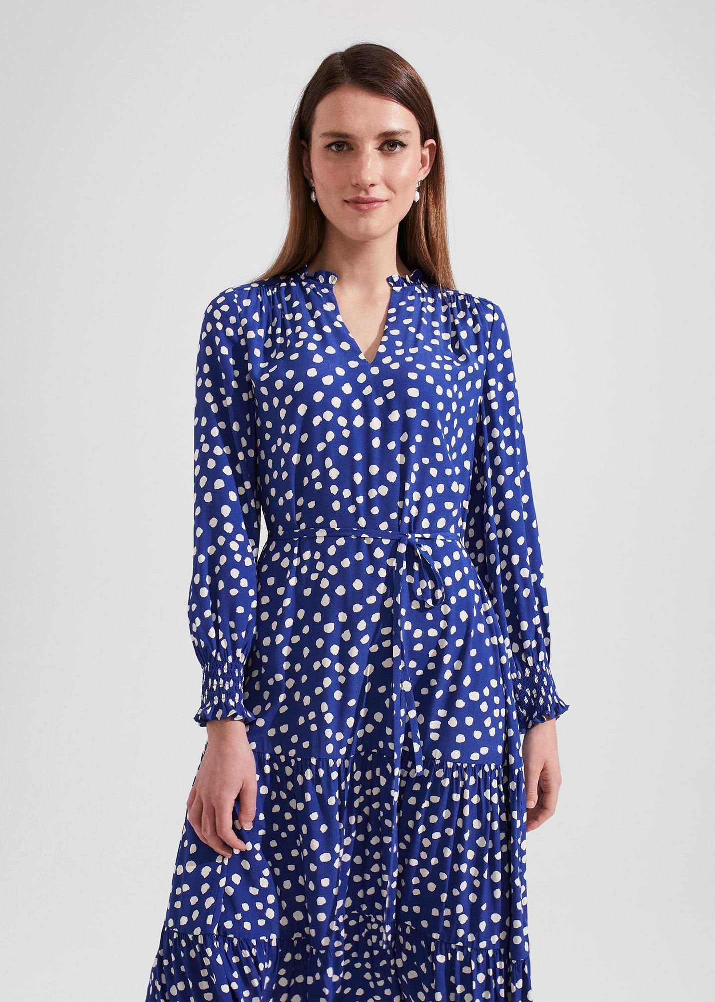 Adela Spot A-Line Dress, Deep Blue Cream, hi-res