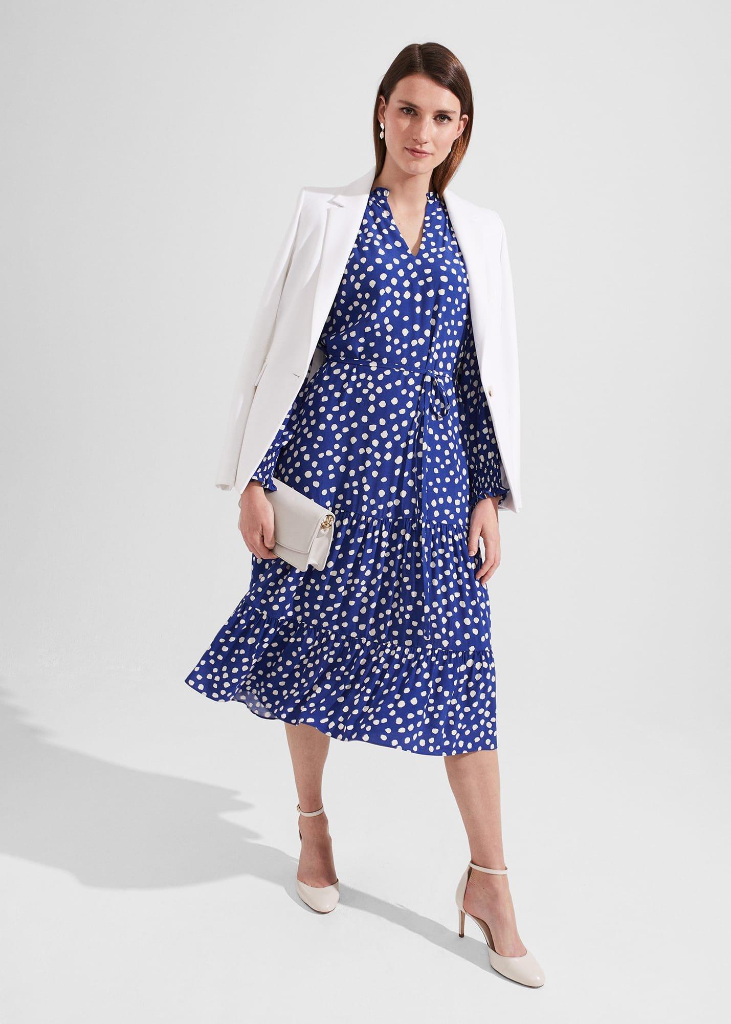 Adela Spot A-Line Dress, Deep Blue Cream, hi-res