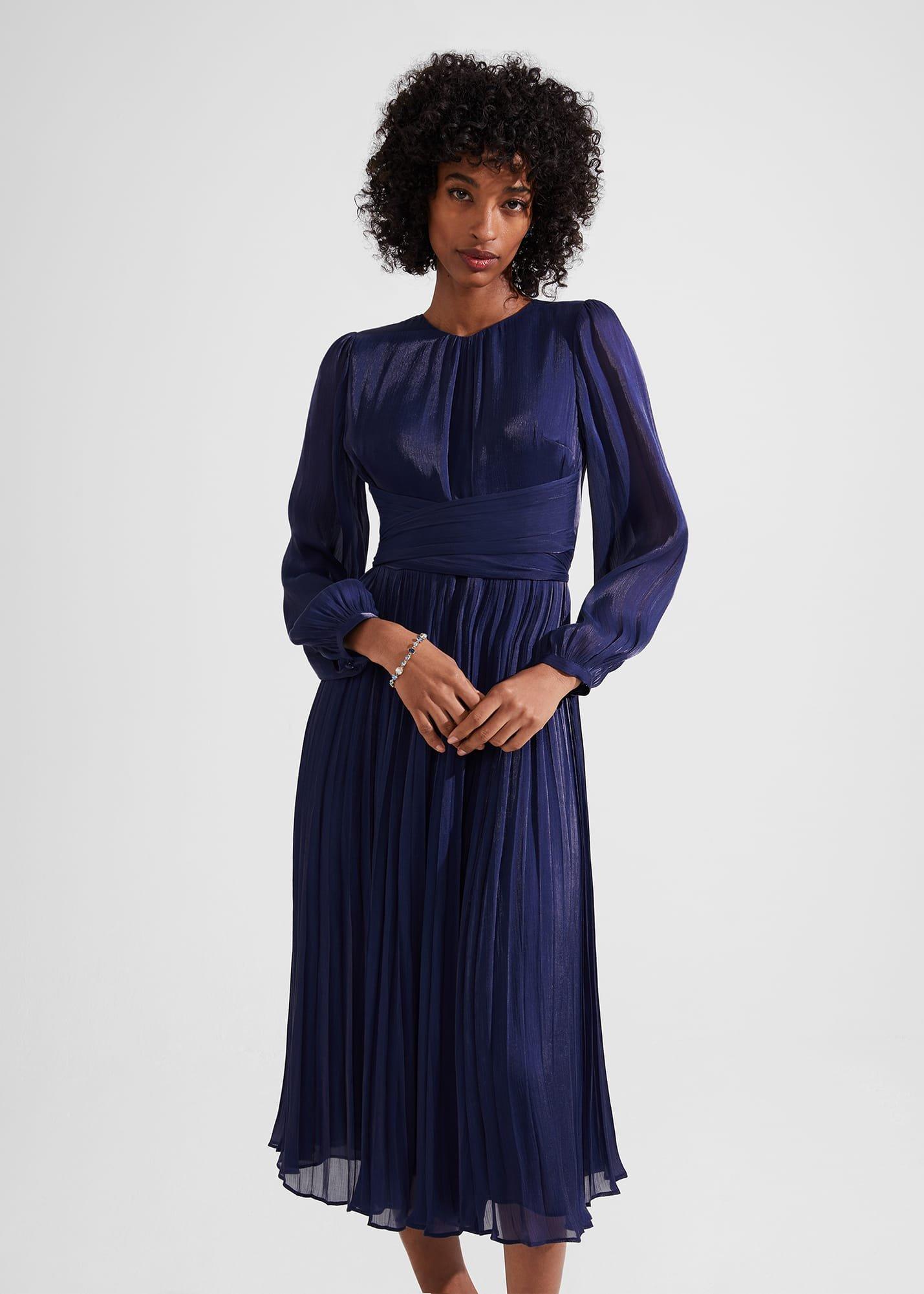 Elina Metallic Pleated Dress, Midnight Navy, hi-res