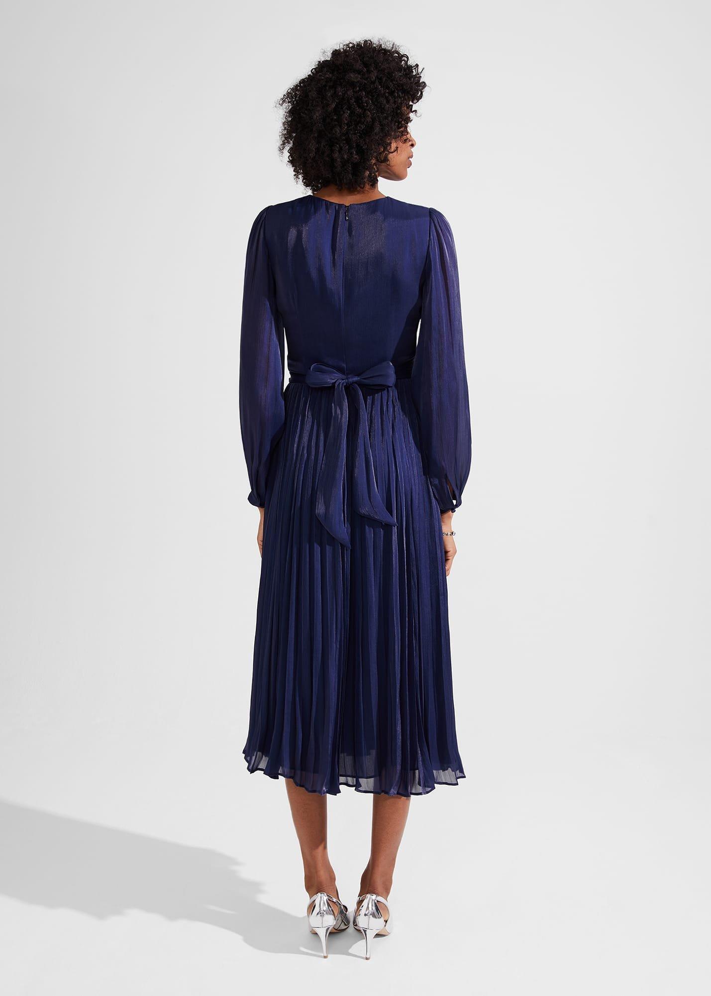 Elina Metallic Pleated Dress, Midnight Navy, hi-res