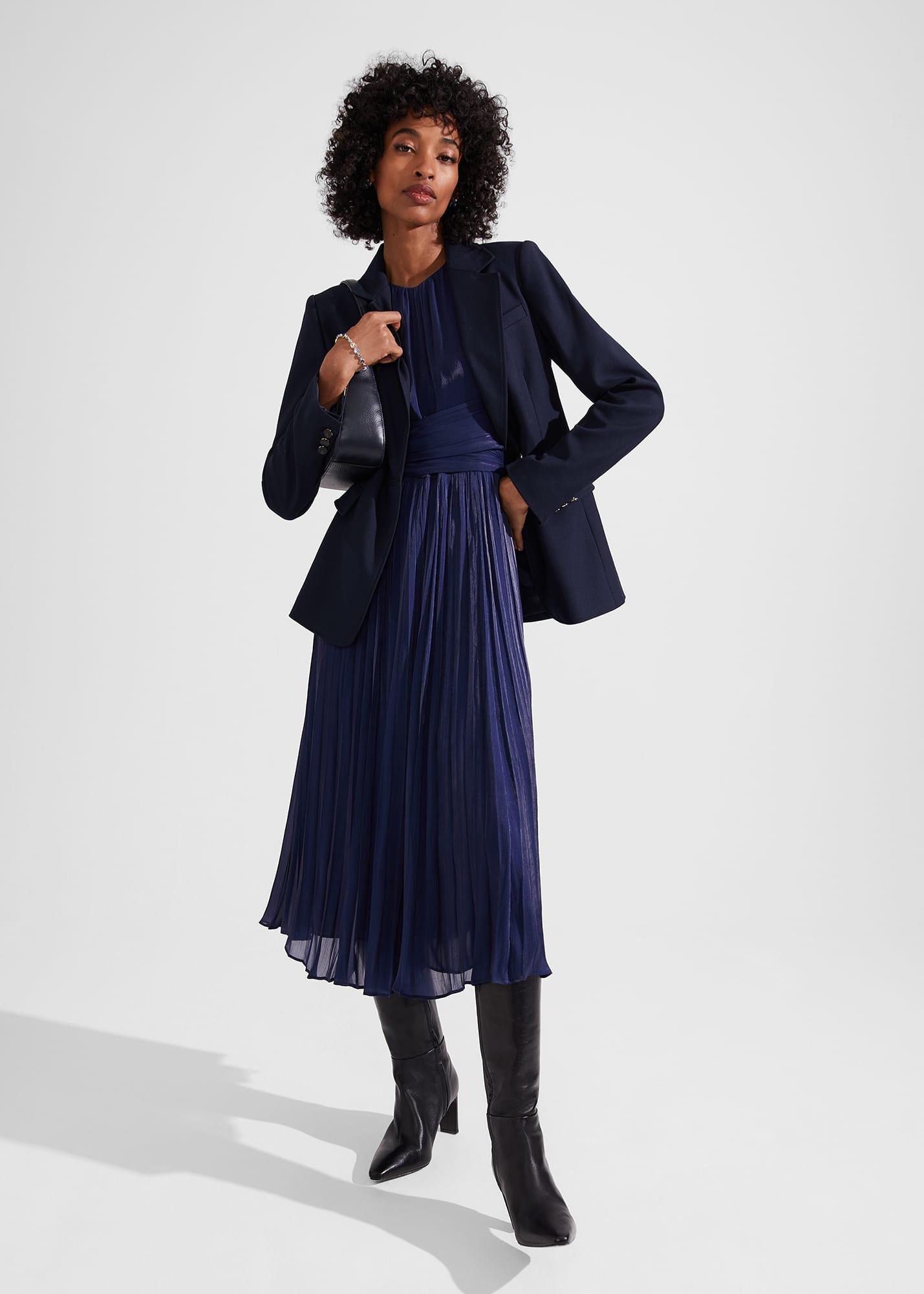 Elina Metallic Pleated Dress, Midnight Navy, hi-res
