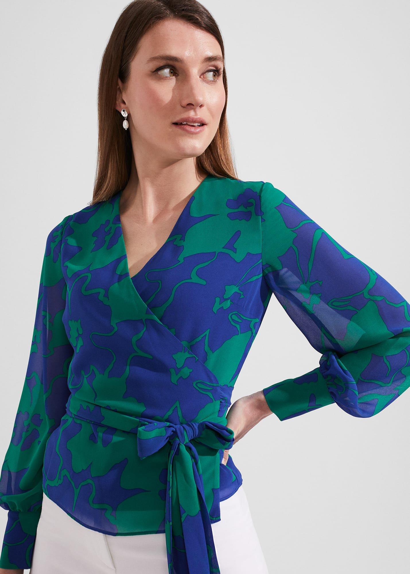 Elizabeth Printed Wrap Blouse, Blue Green, hi-res