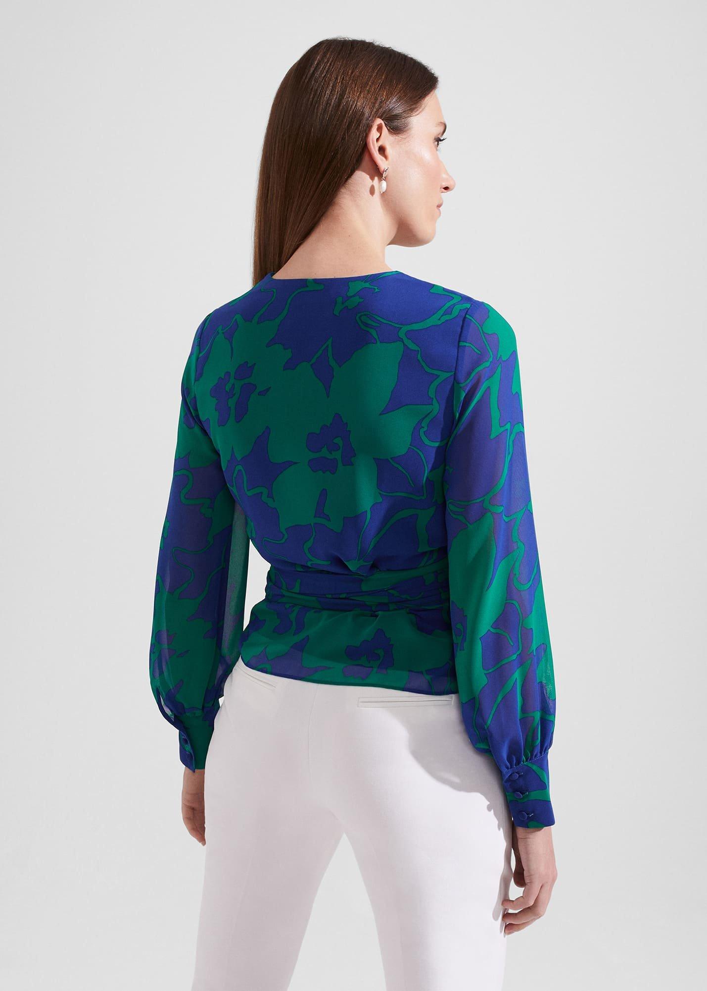 Elizabeth Printed Wrap Blouse, Blue Green, hi-res