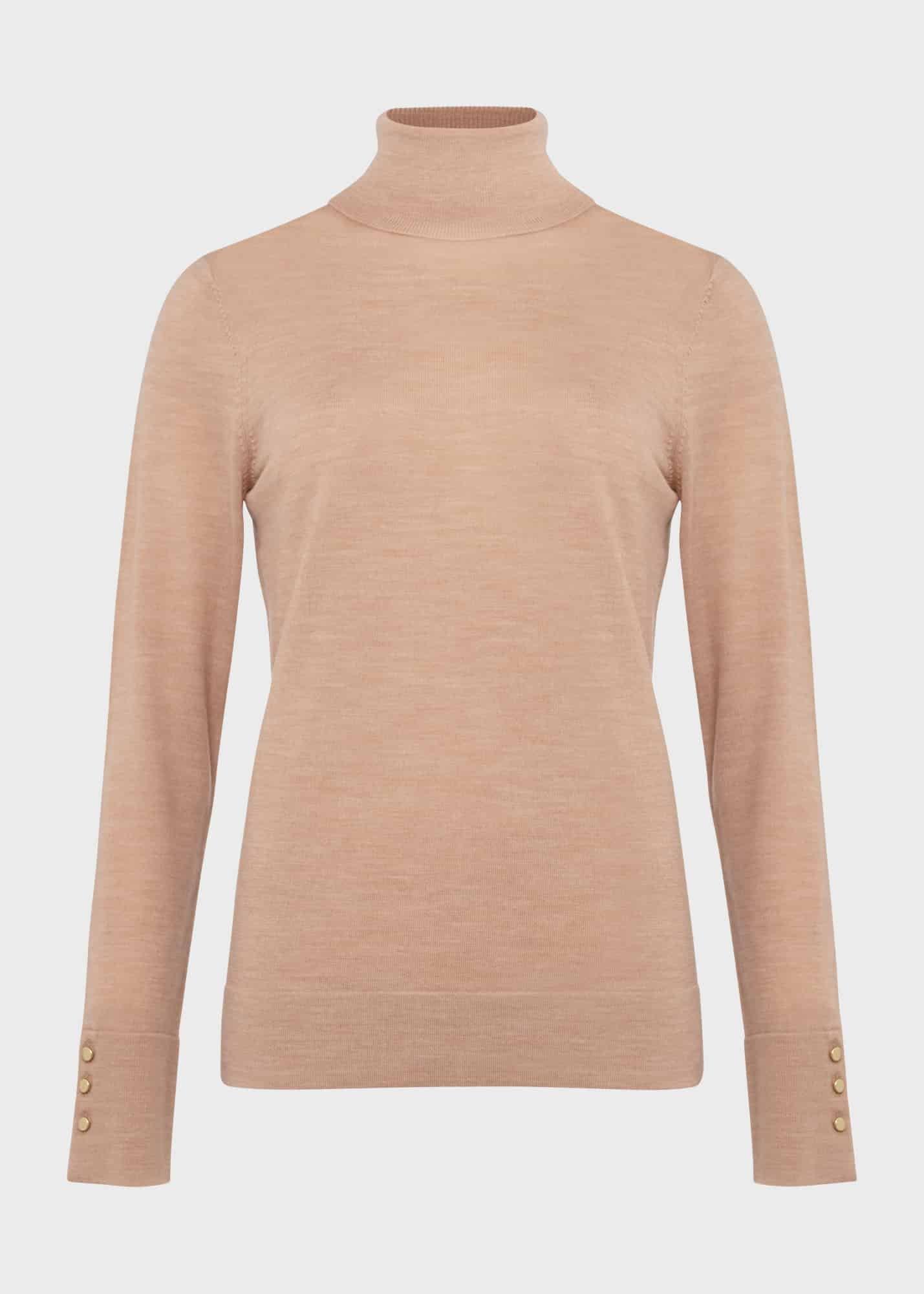 Lara Merino Wool Roll Neck Jumper, Camel, hi-res