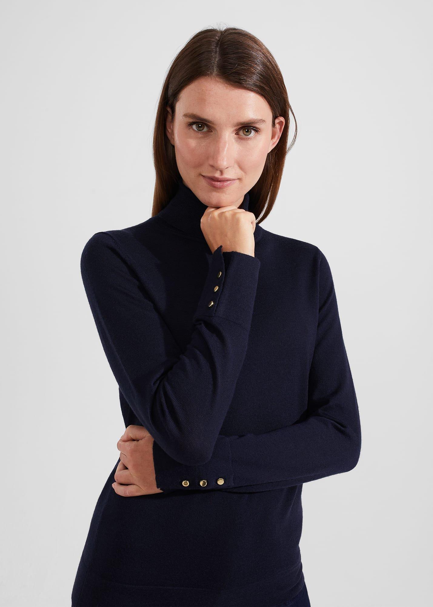Lara Merino Wool Roll Neck Sweater, Navy, hi-res