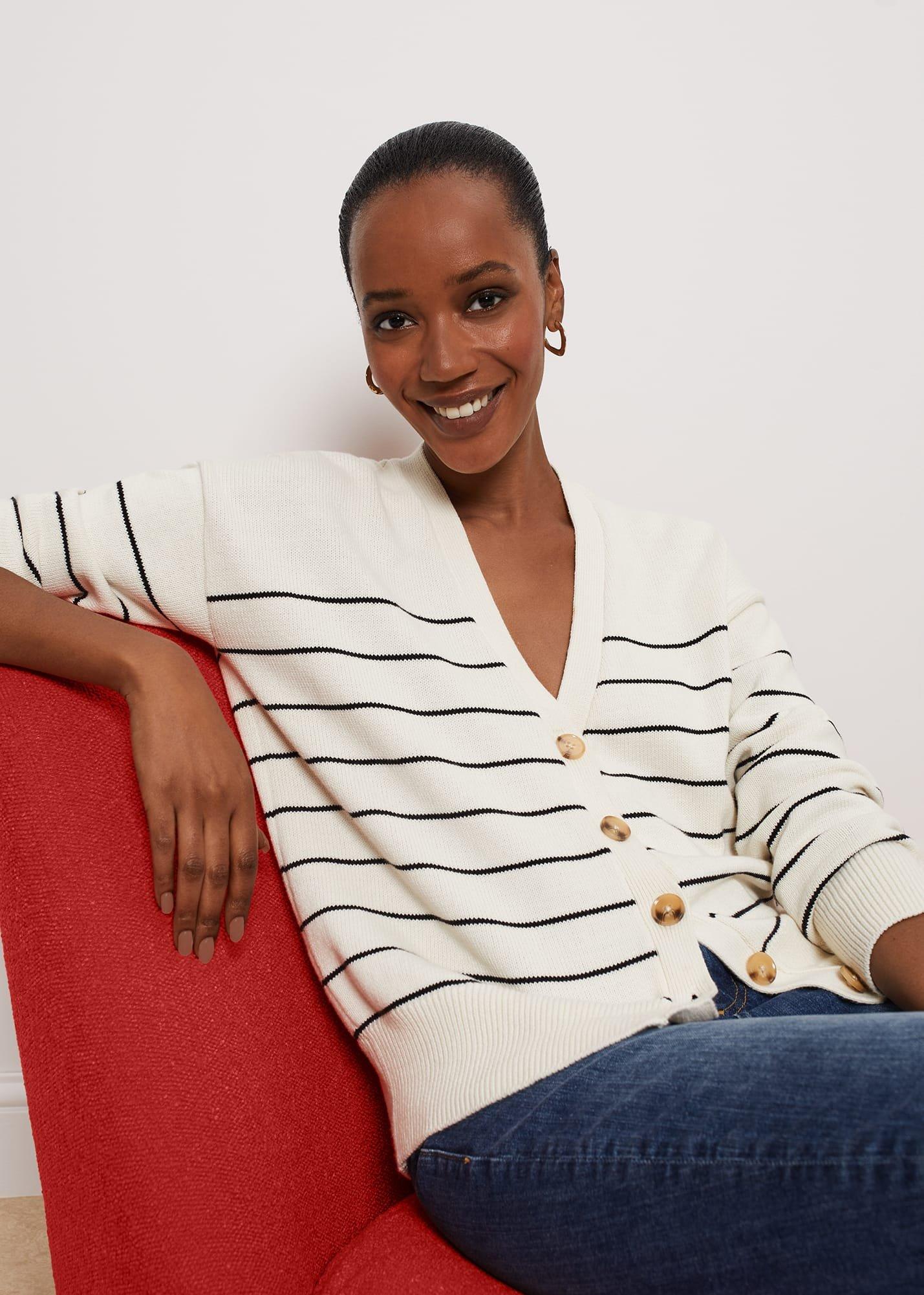 Carleton Cotton Cardigan, Ivory Black, hi-res