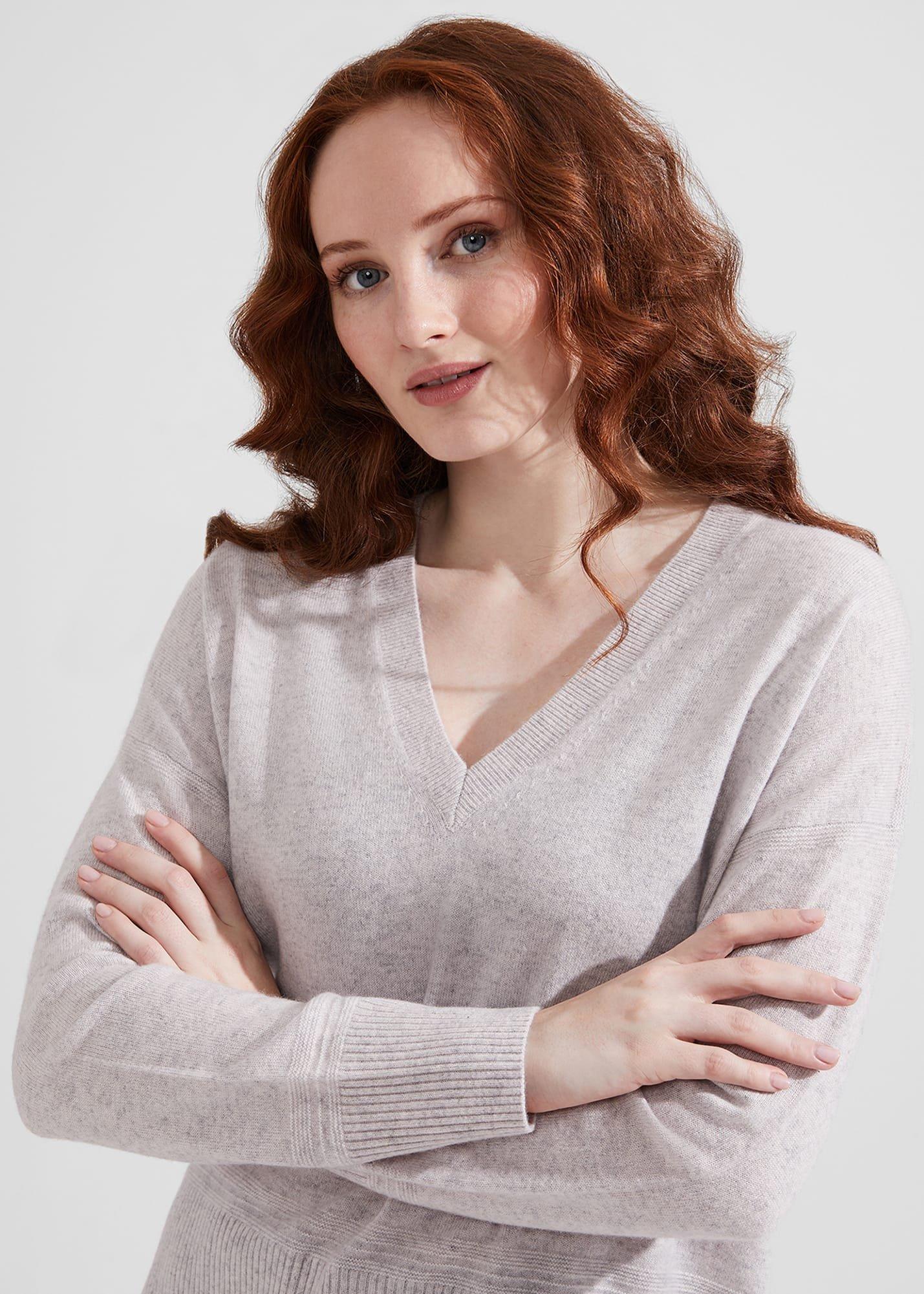 Jessa V Neck Cashmere Jumper, Pale Grey Marl, hi-res