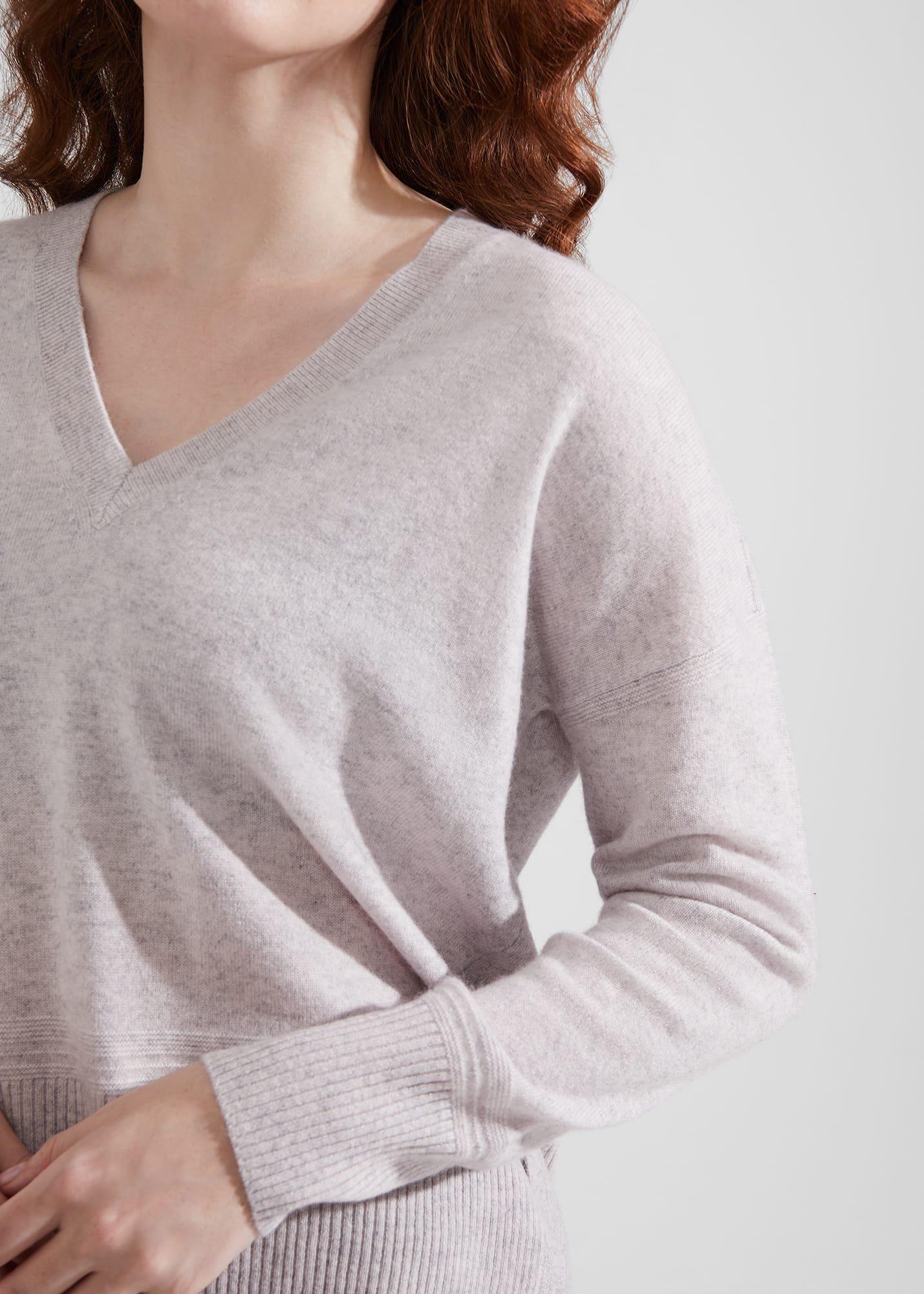 Jessa V Neck Cashmere Jumper, Pale Grey Marl, hi-res
