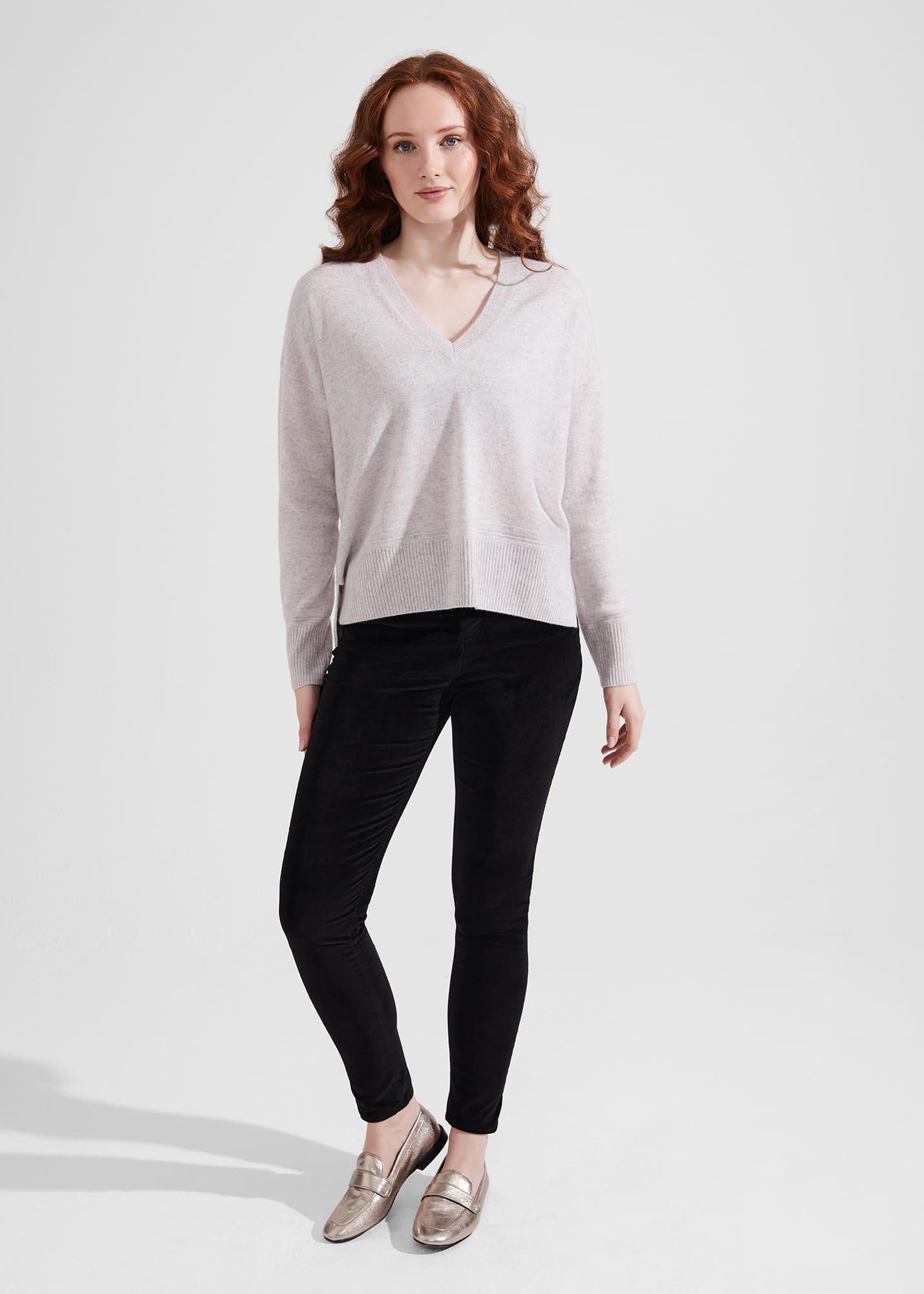 Jessa V Neck Cashmere Jumper, Pale Grey Marl, hi-res