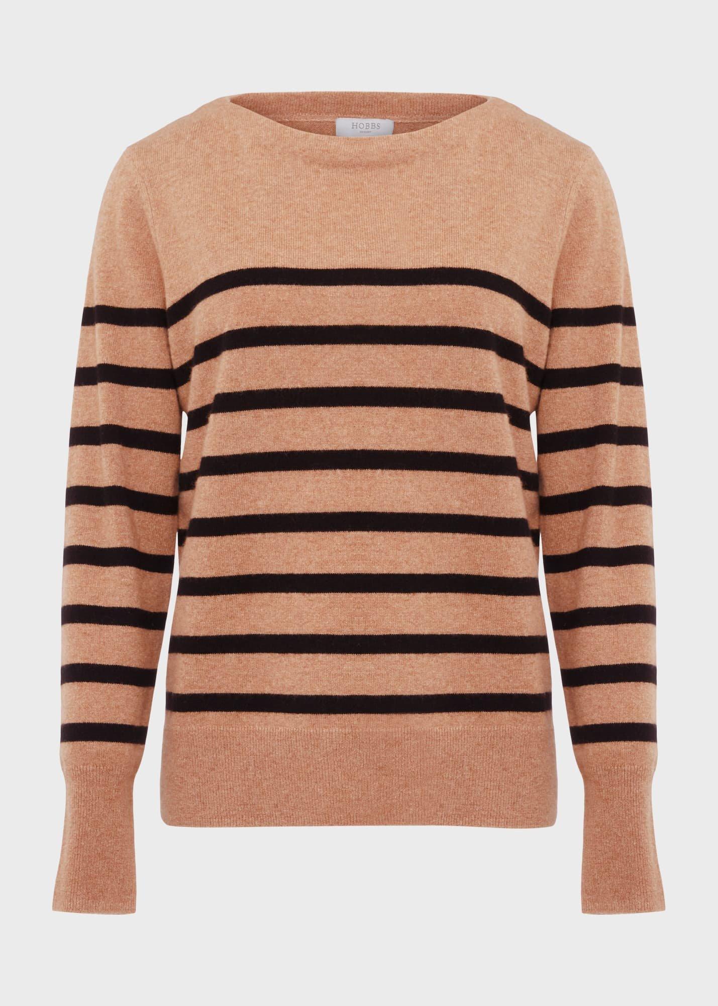 Larina Cashmere Stripe Jumper, Camel Black, hi-res