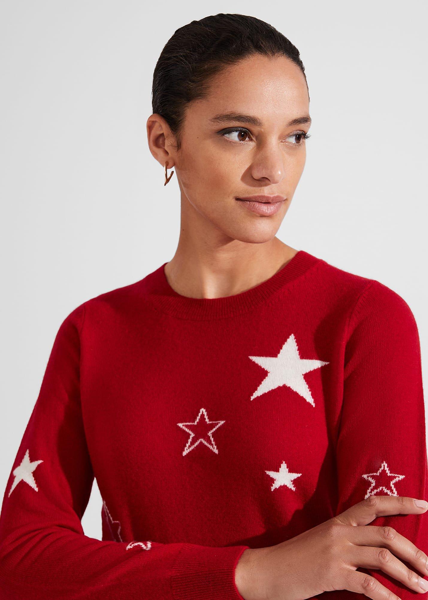 Samira Wool Cashmere Star Jumper, Red Ivory, hi-res