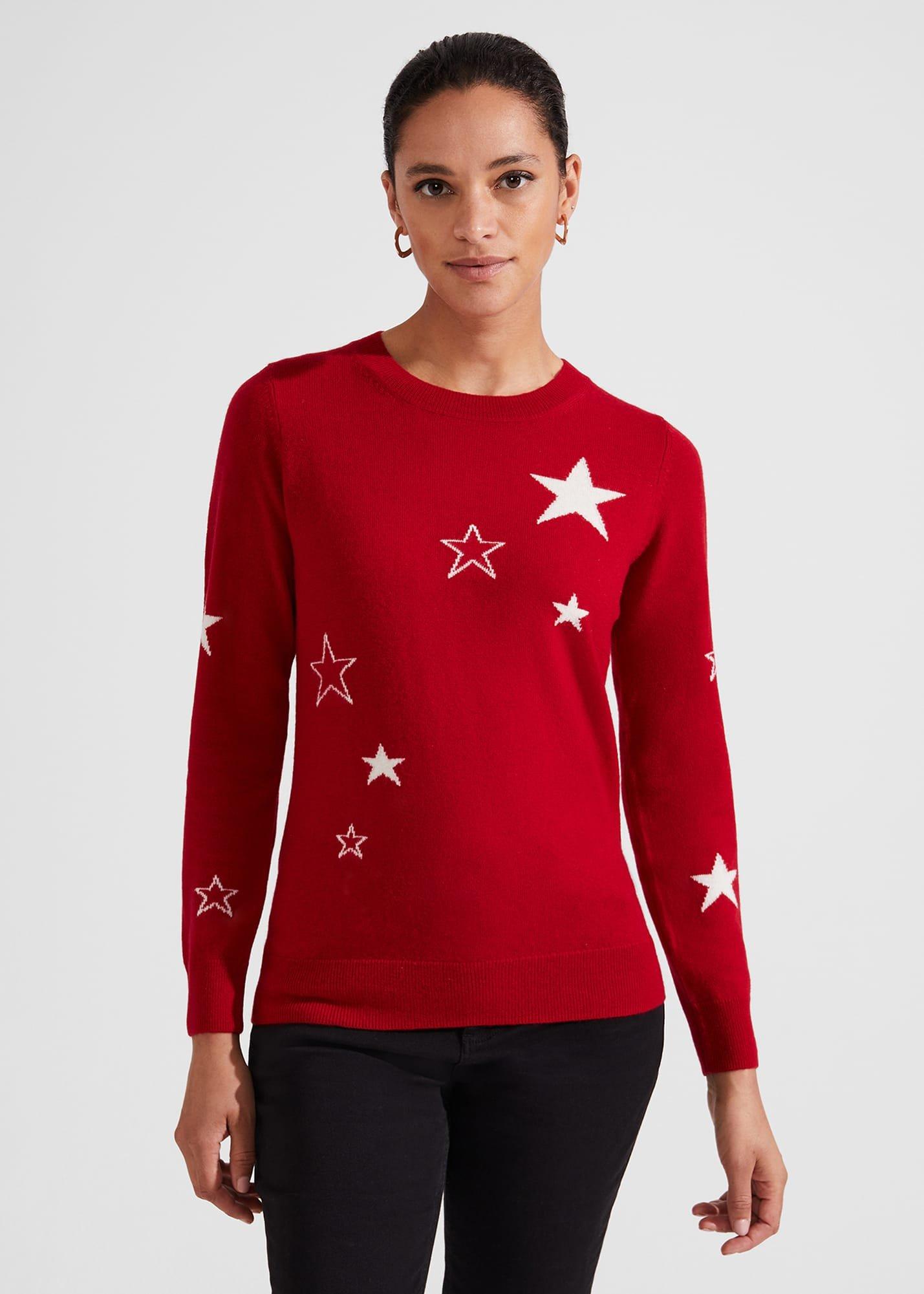 Samira Wool Cashmere Star Jumper, Red Ivory, hi-res