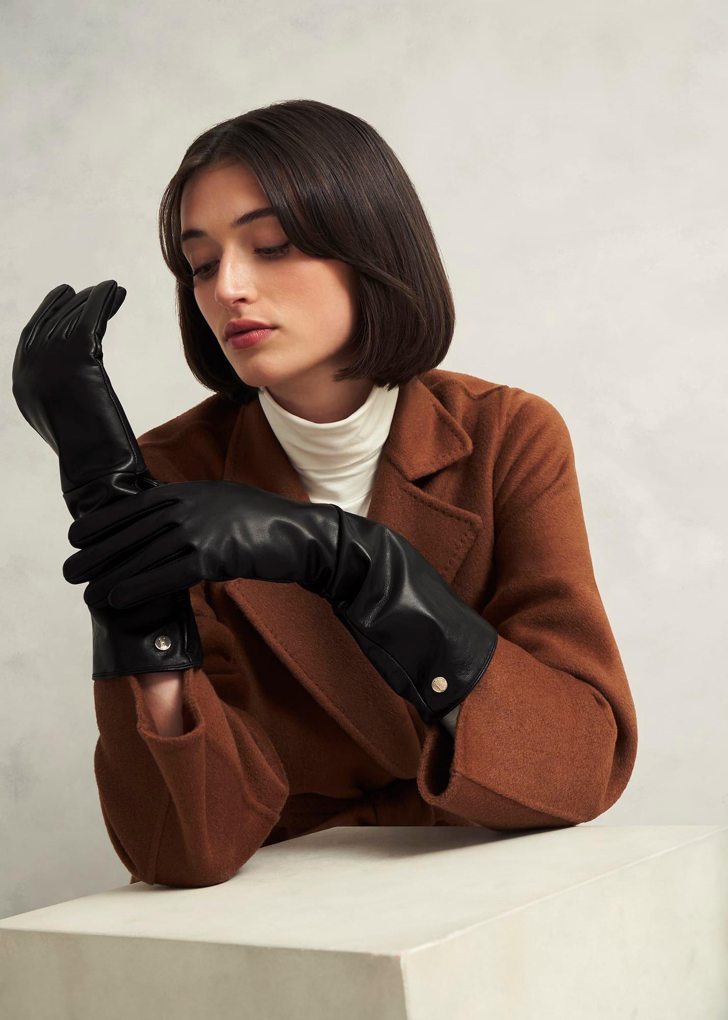 Meghan Leather Long Gloves, Black, hi-res
