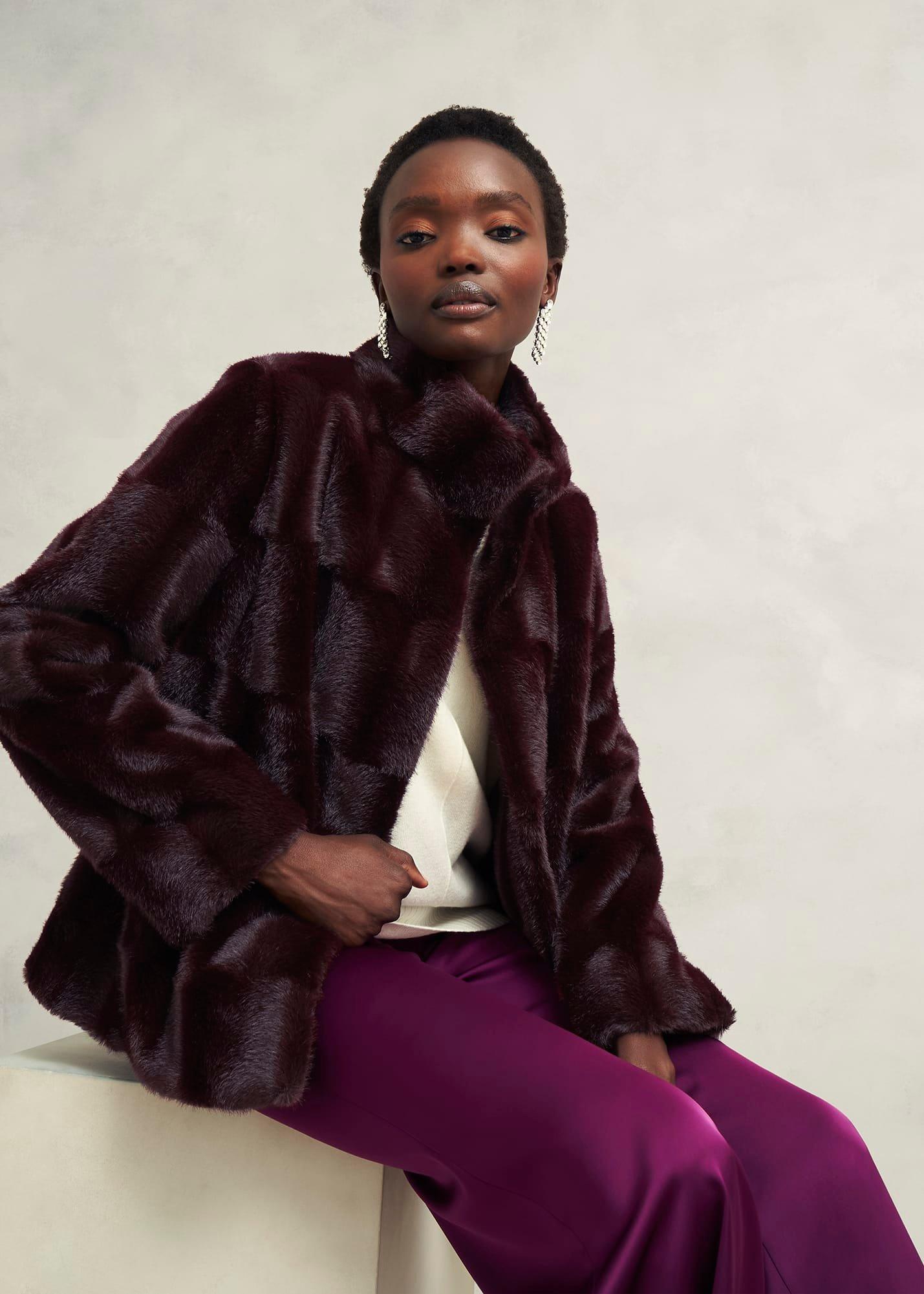 Andrea Faux Fur Coat, Wine, hi-res