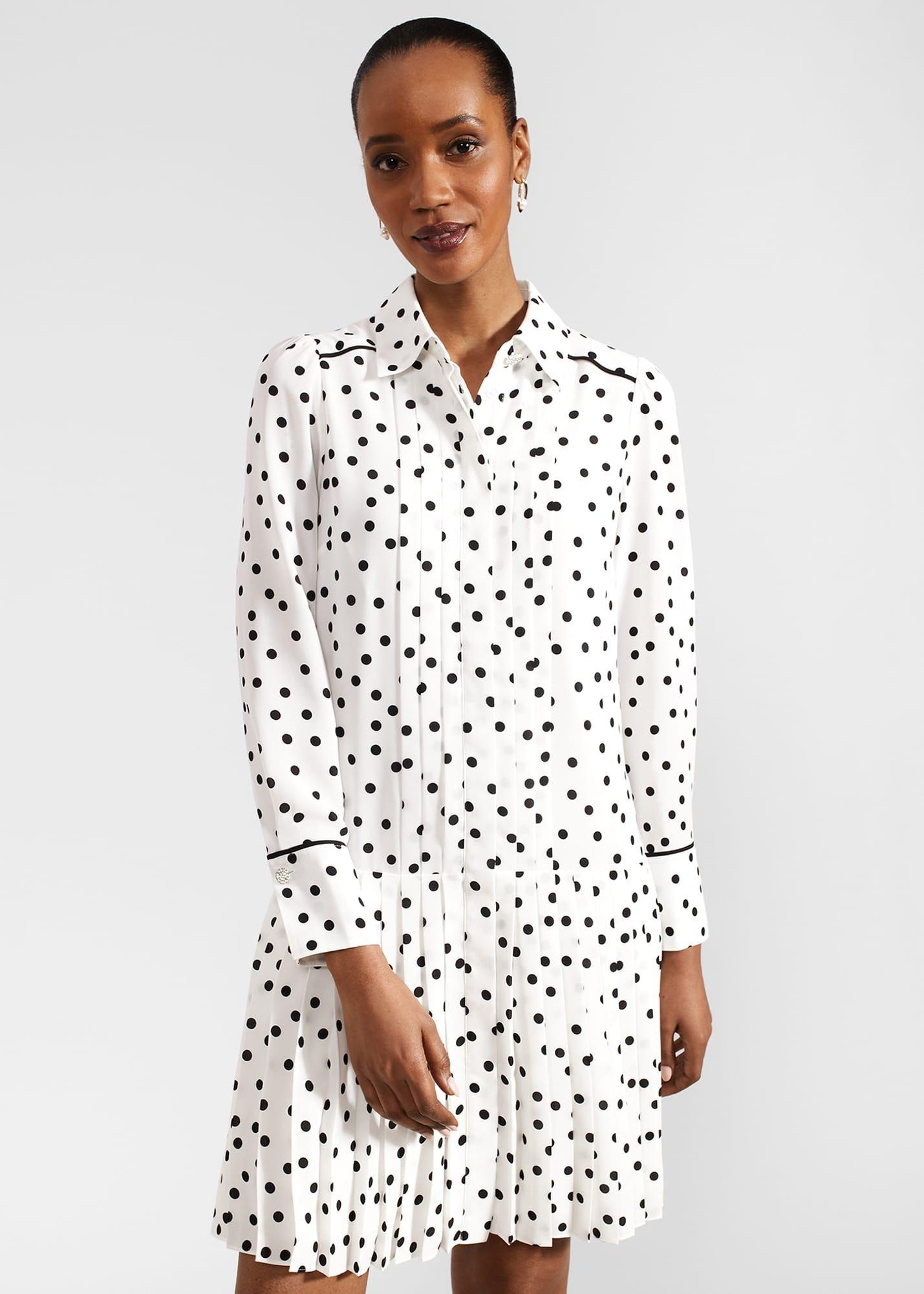 Francesca Spot Pleated Dress, Ivory Black, hi-res