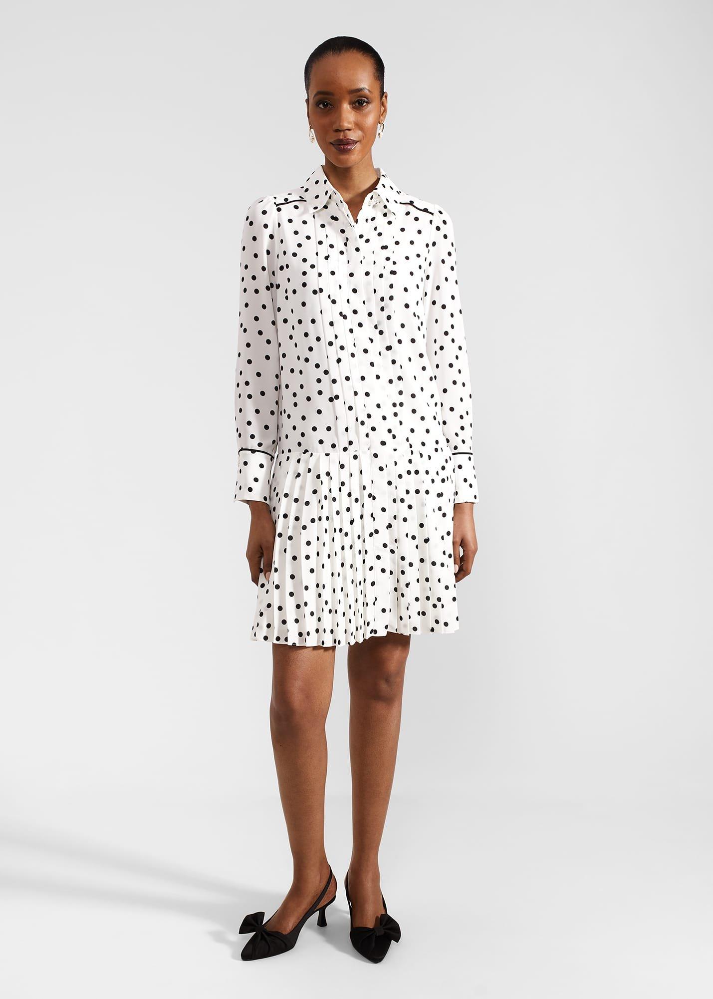 Francesca Spot Pleated Dress, Ivory Black, hi-res