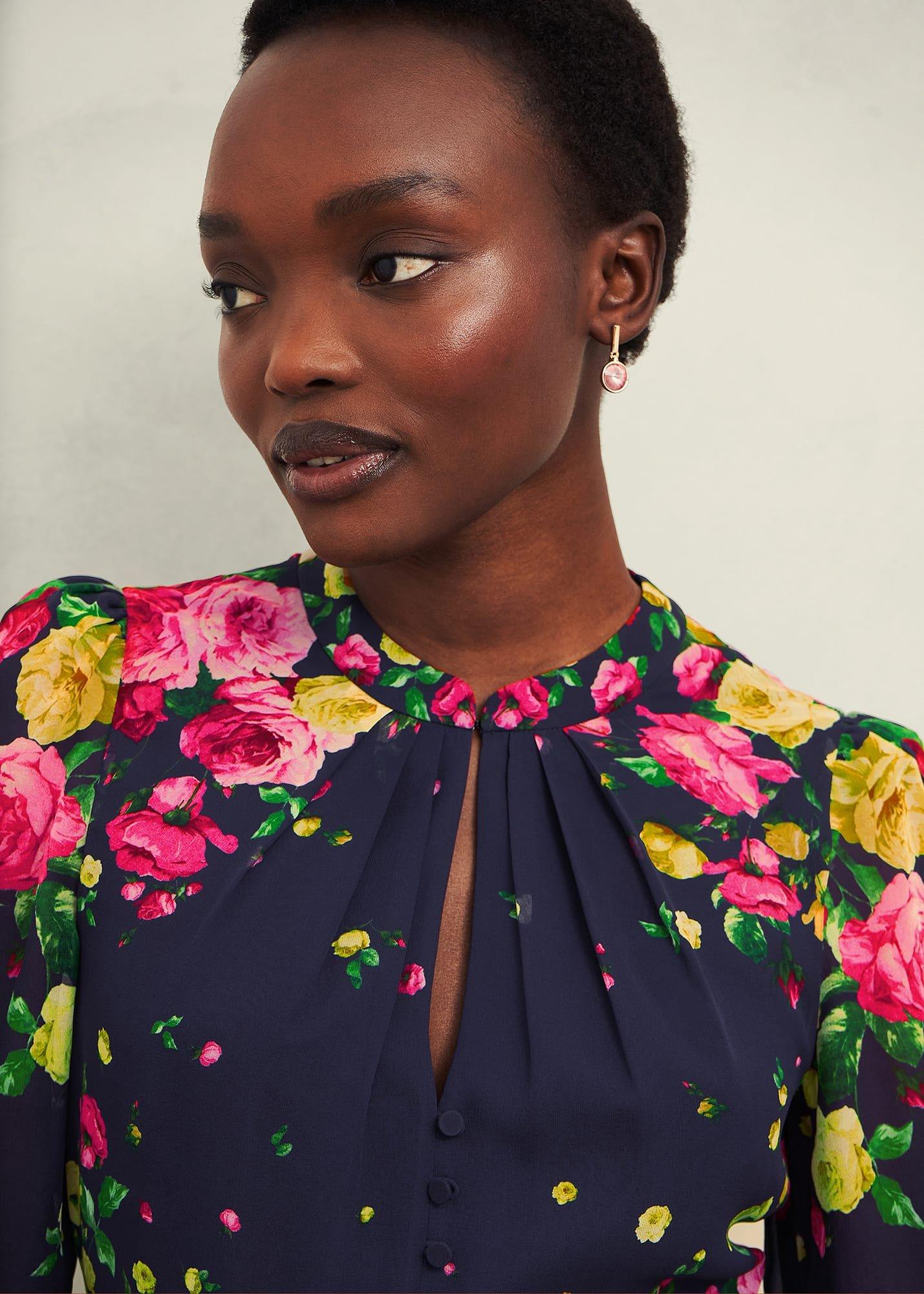 Eva Floral Silk Dress, Navy Multi, hi-res