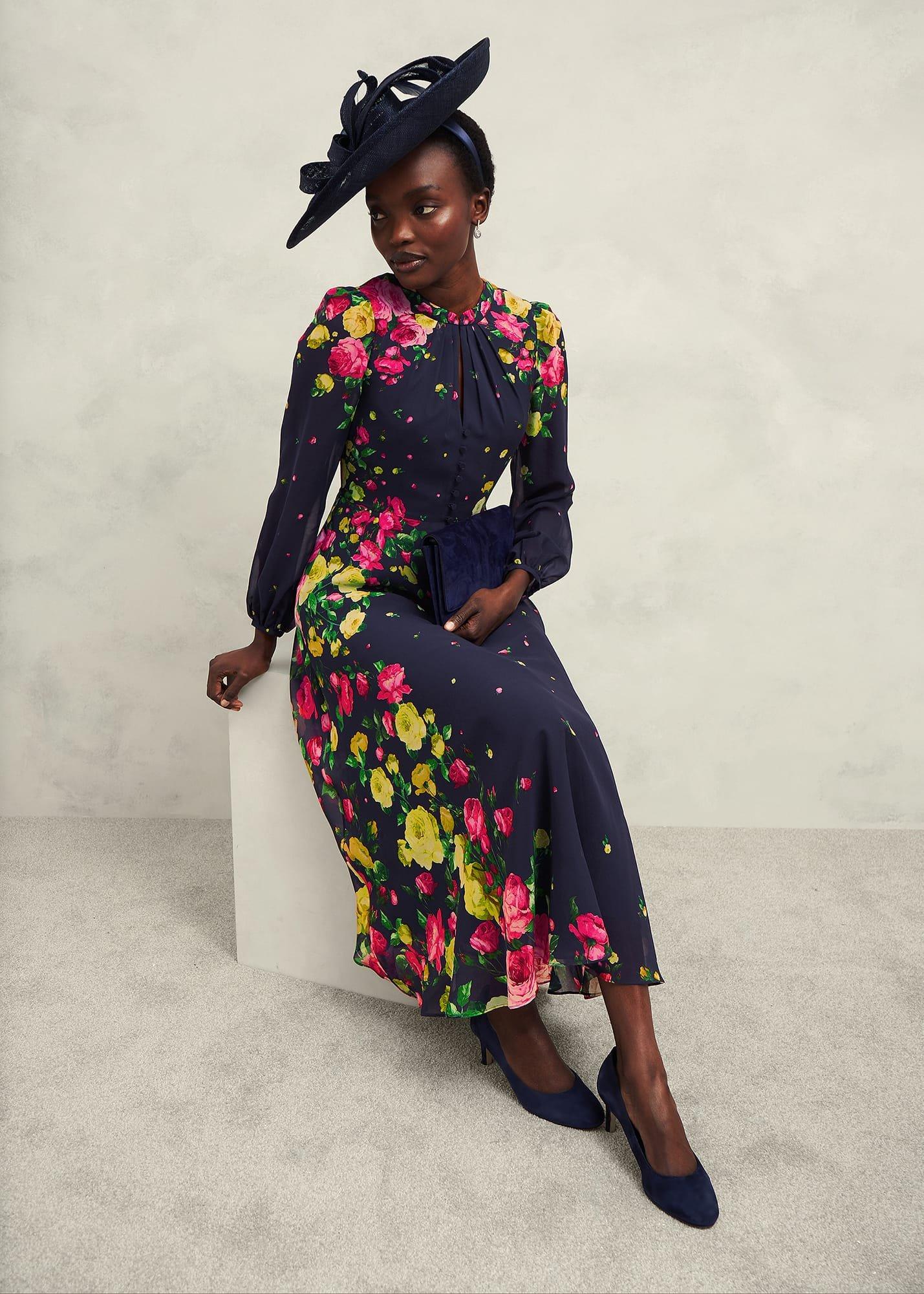 Eva Floral Silk Dress, Navy Multi, hi-res