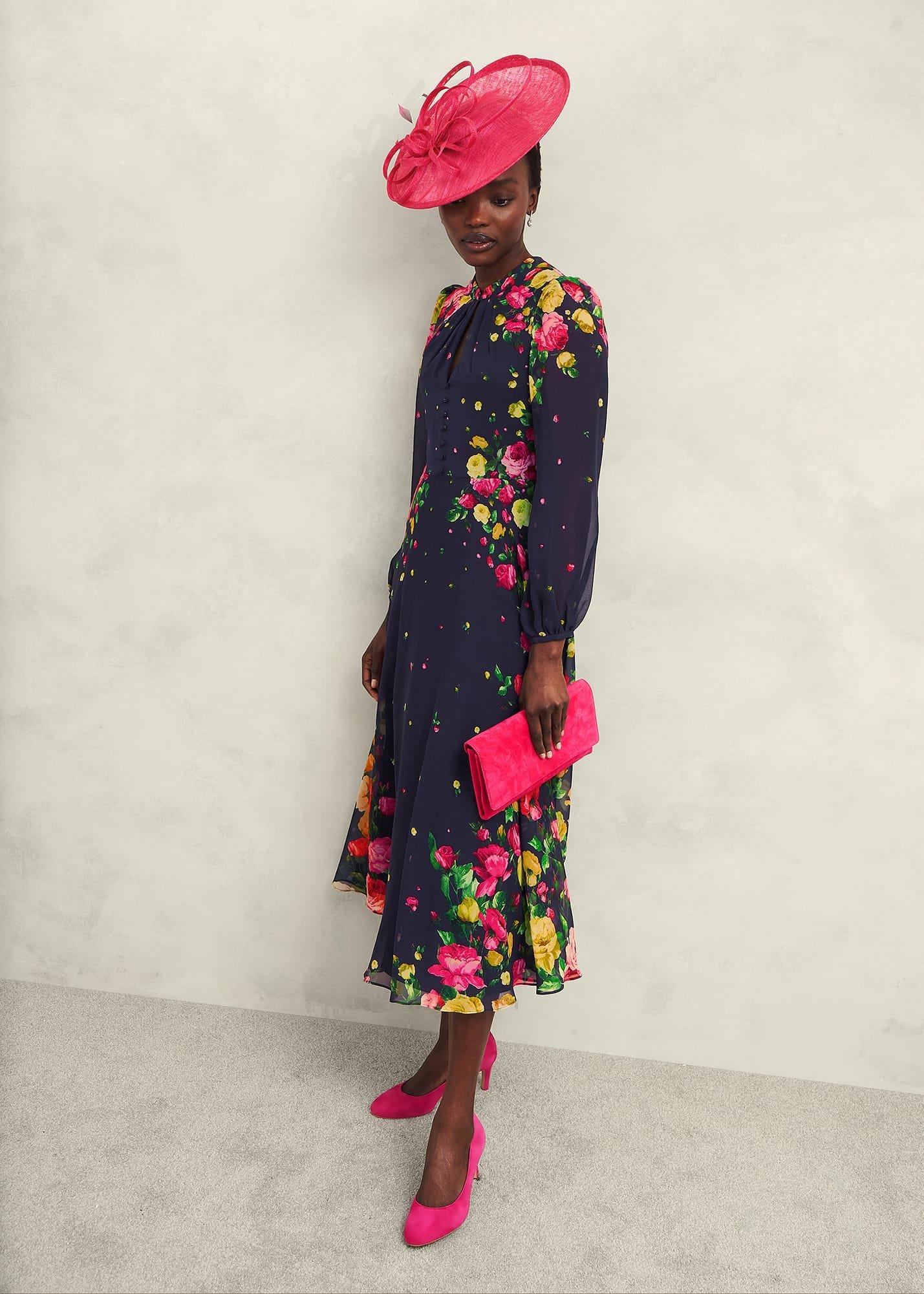 Eva Floral Silk Dress, Navy Multi, hi-res