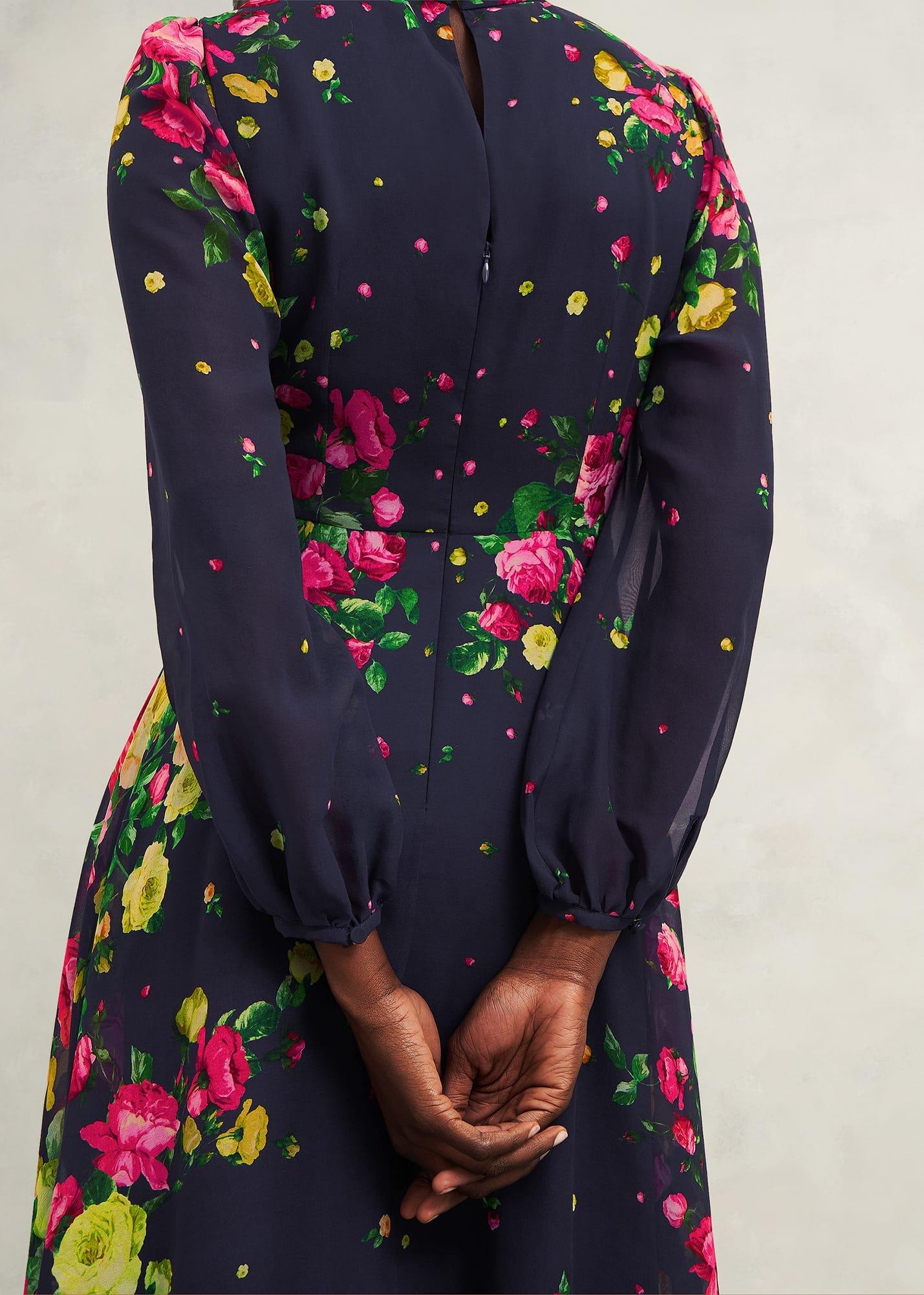 Petite Eva Floral Silk Dress, Navy Multi, hi-res