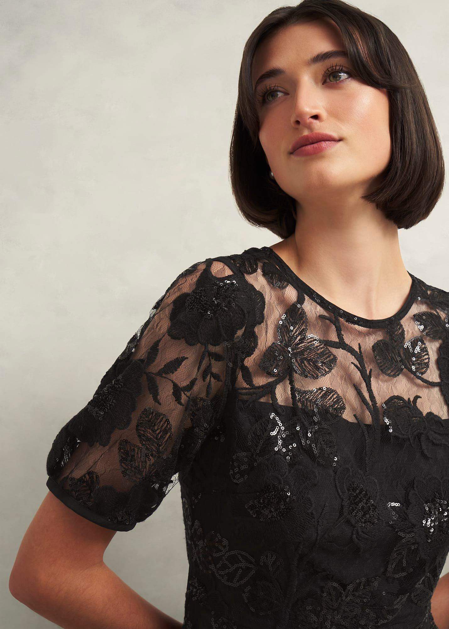Ami Lace Sequin Midi Dress, Hobbs Black, hi-res