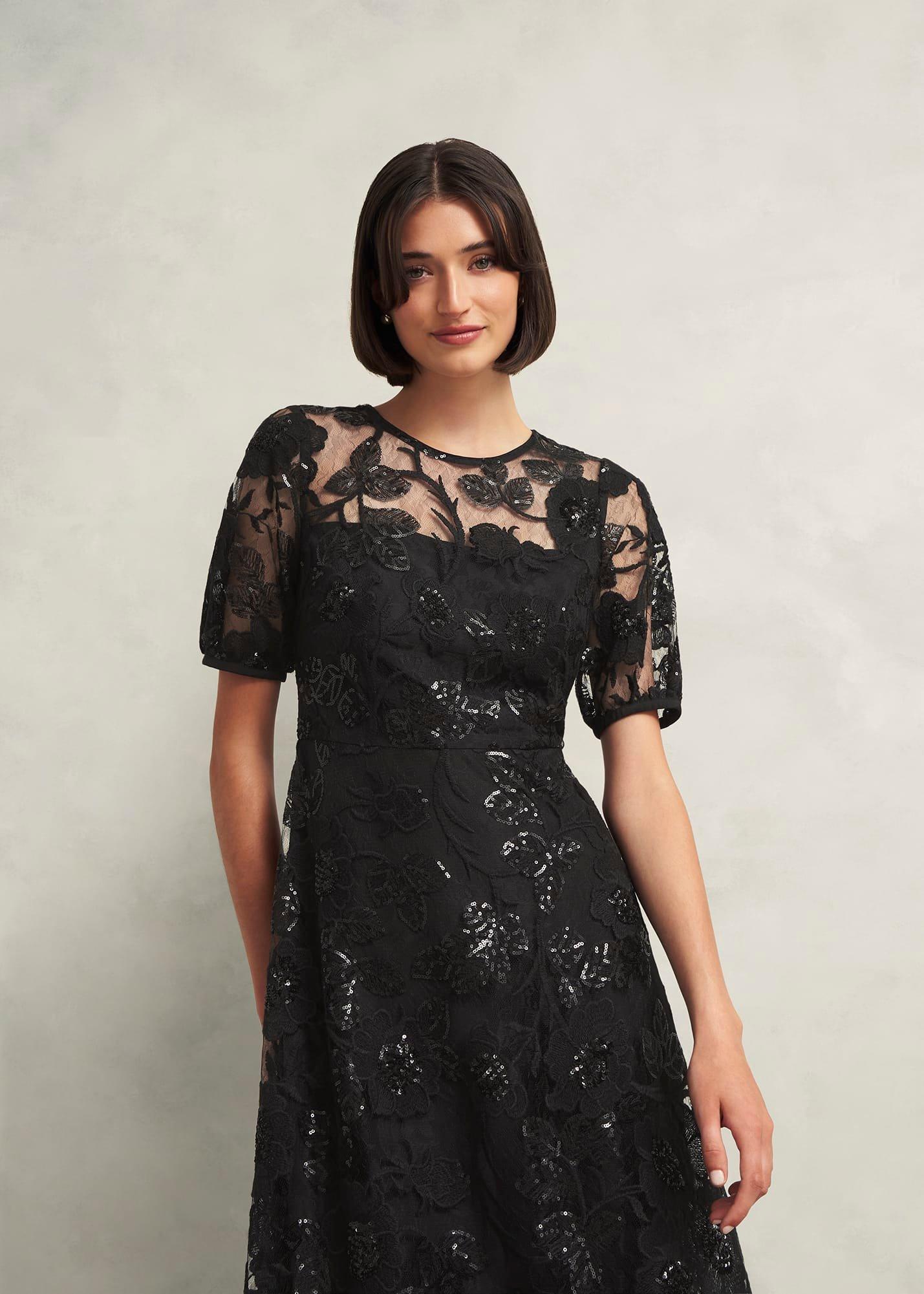 Ami Lace Sequin Midi Dress, Hobbs Black, hi-res