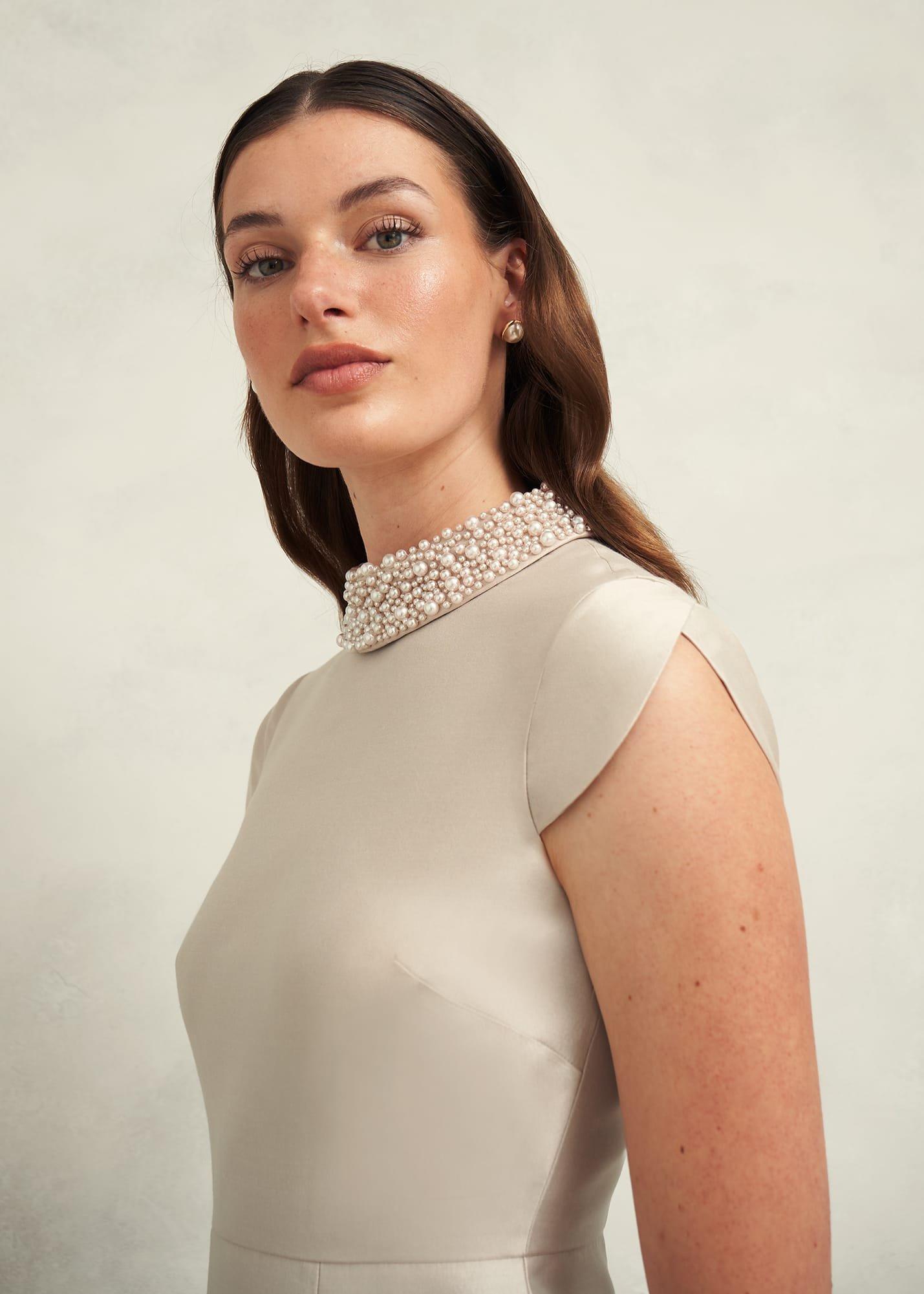 Katherine Wool Silk Dress, Oyster, hi-res