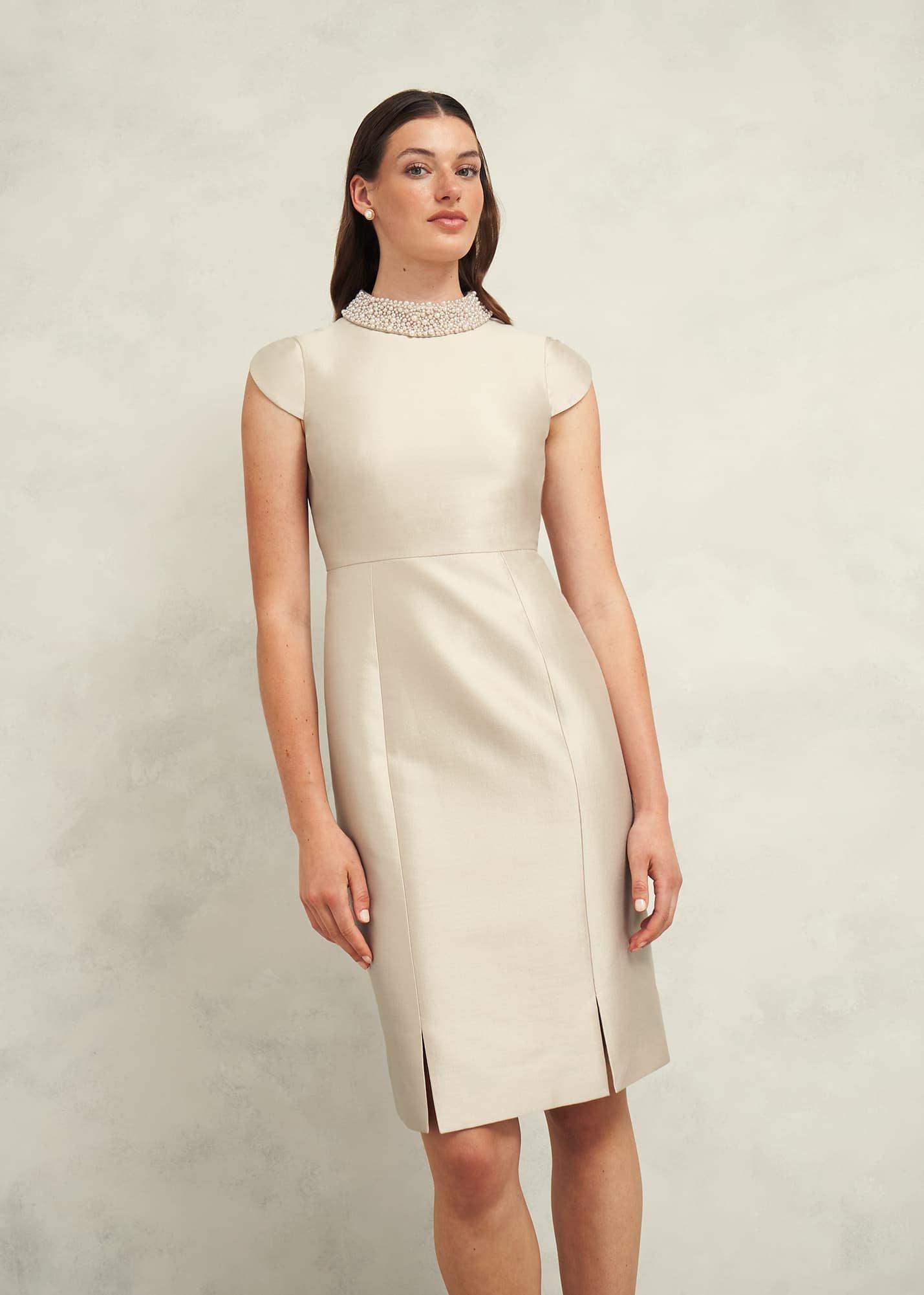 Katherine Wool Silk Dress, Oyster, hi-res