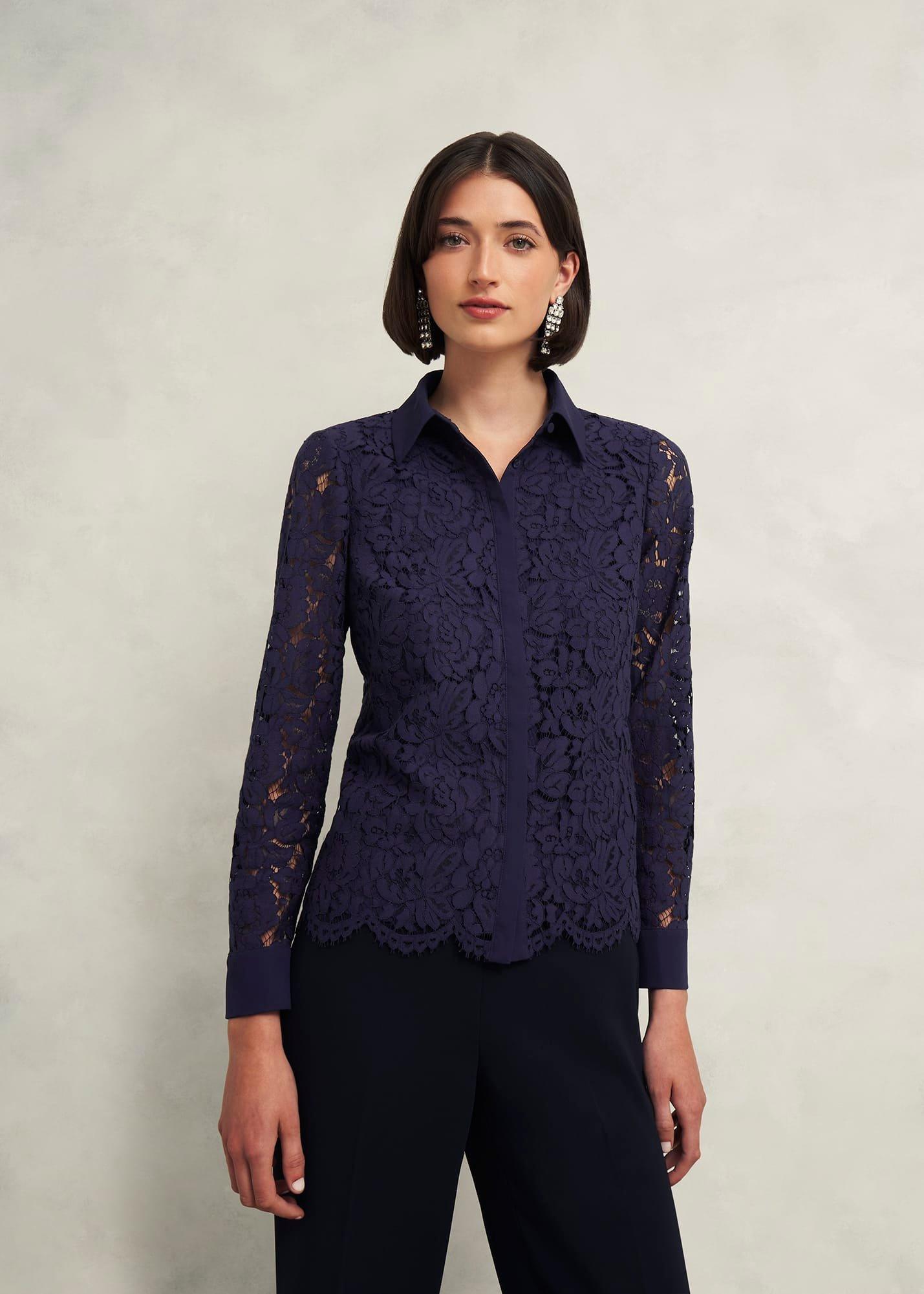 Claire Lace Shirt, Midnight Navy, hi-res