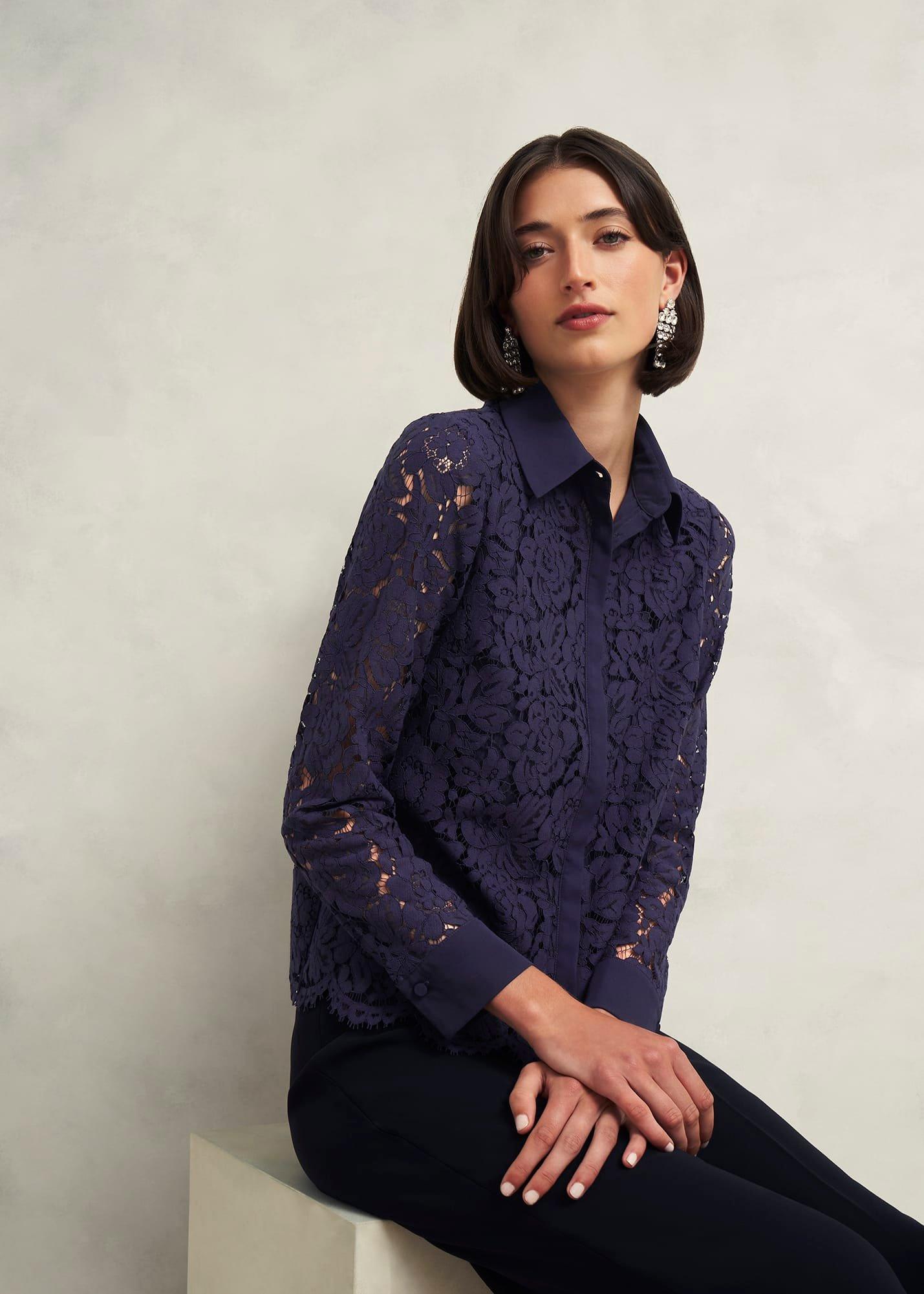 Claire Lace Shirt, Midnight Navy, hi-res