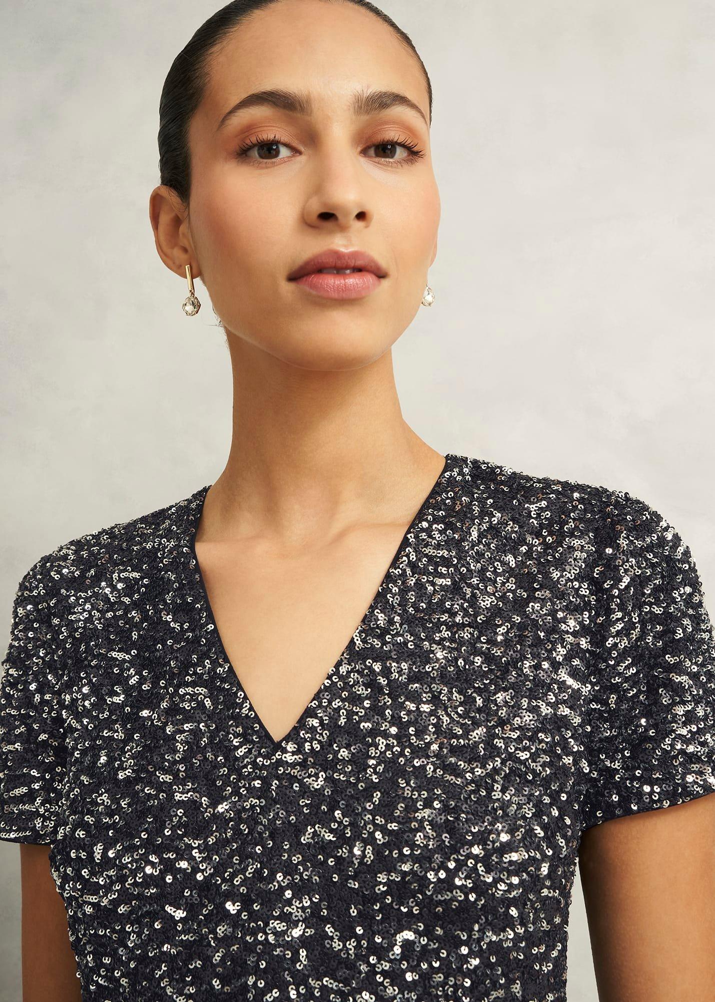 Tatiana Sequin Dress, Black Silver, hi-res