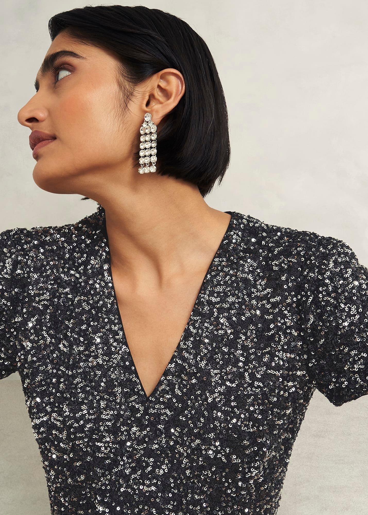 Petite Tatiana Sequin Dress, Black Silver, hi-res