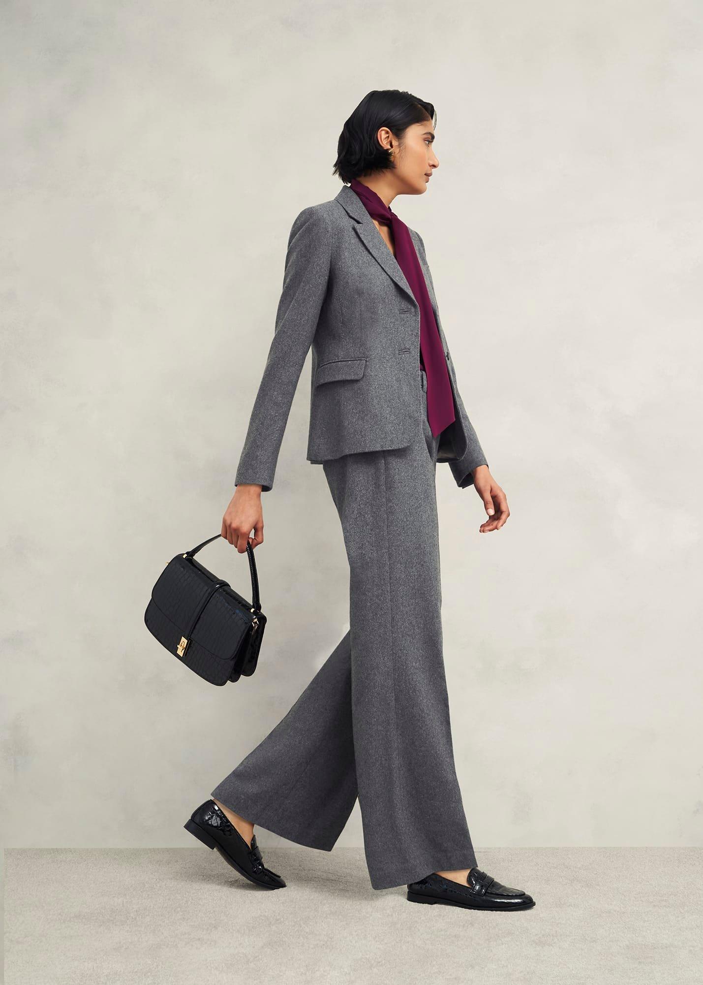 Elsie Wool Blend Wide Trousers, Grey, hi-res