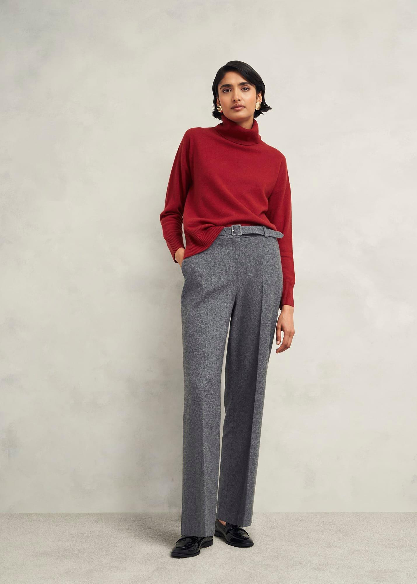 Elsie Wool Blend Wide Trousers, Grey, hi-res