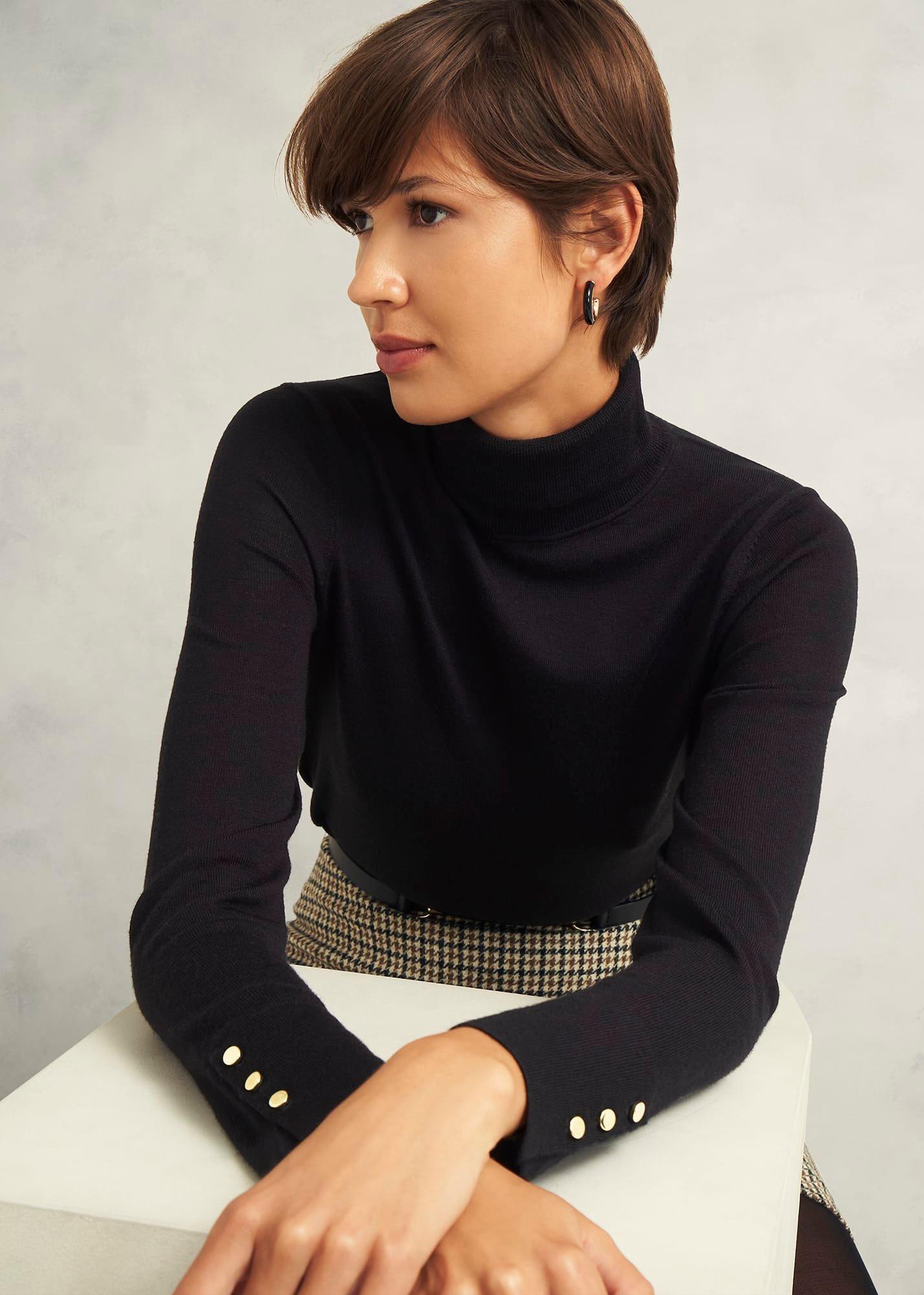 Lara Merino Wool Roll Neck Jumper, Black, hi-res