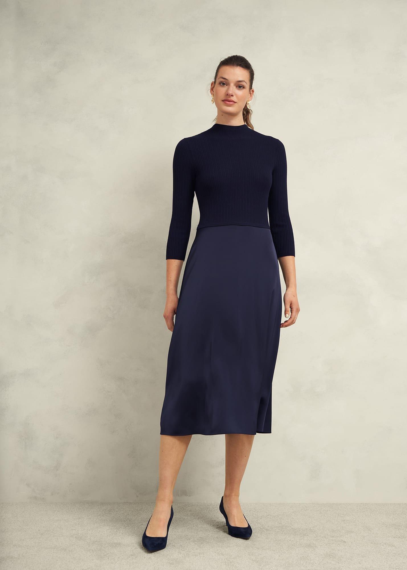 Trina Satin Knitted Dresses, Hobbs Navy, hi-res