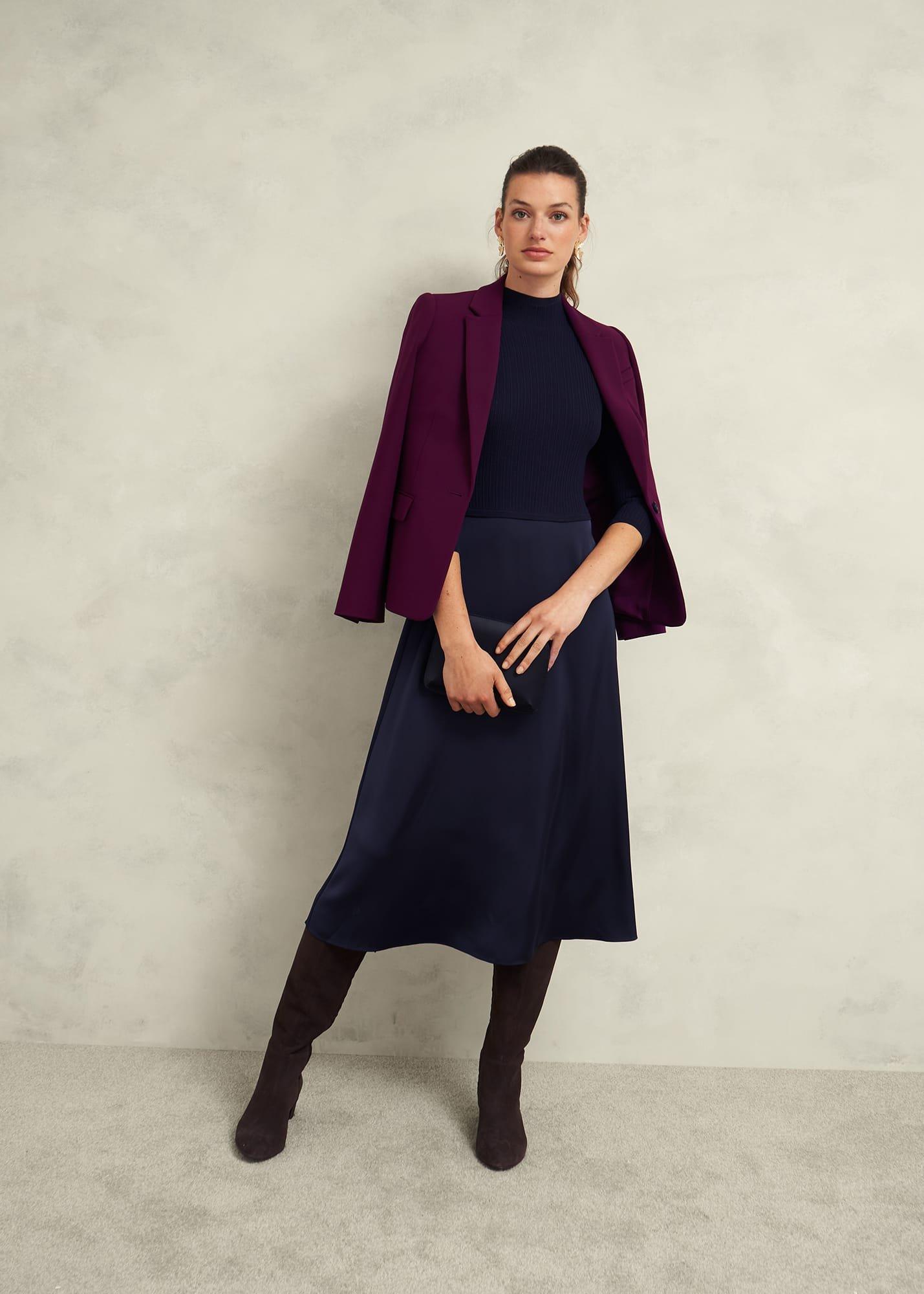 Trina Satin Knitted Dresses, Hobbs Navy, hi-res