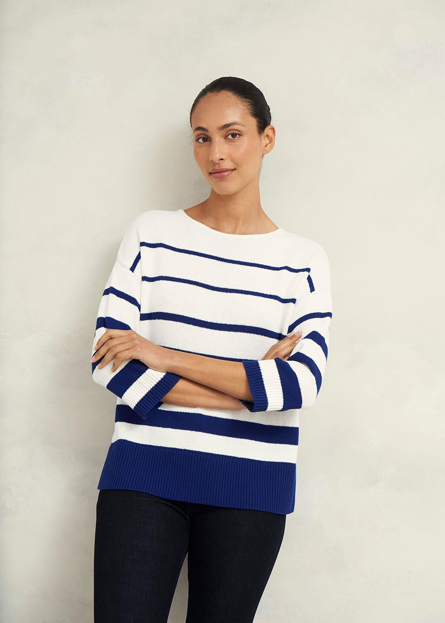Elaine Stripe Cotton Blend Jumper, Ivory Blue, hi-res